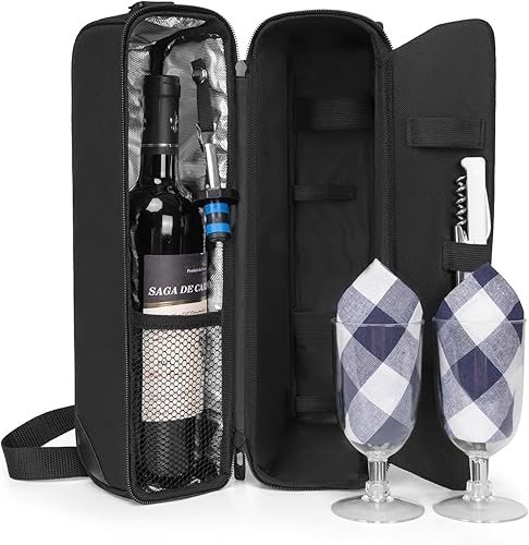 ALLCAMP - Bolsa de vino con compartimento refrigerante juego de picnic que lleva dos juegos de vajilla