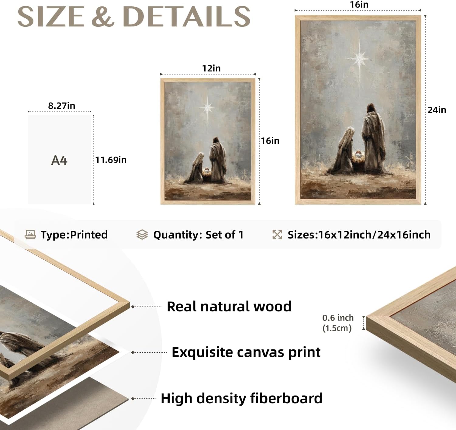 TSTVO Wood Framed Jesus Wall Art, Reverent Birth in Manger Christian Wall Decor, Vintage Nativity Religious Canvas Painting, Star Watching Over Jesus Family Poster Print for Church Hospital 12x16 Inch