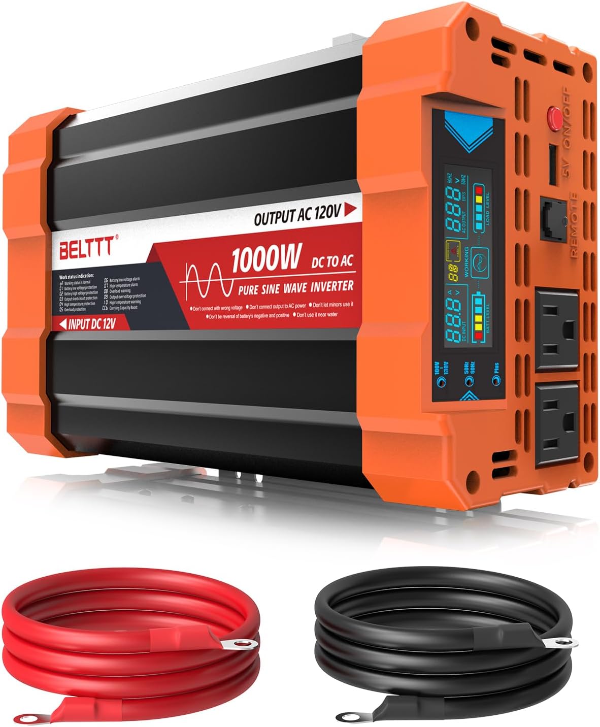 BELTTT - 1000W Pure Sine Wave Inverter, DC 12V to 120V AC Converter for RV, Truck, Solar Power Inverter for Vehicles with Built-in 5V/2.1A USB, Remote Control and
