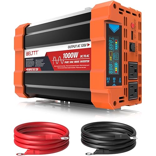 BELTTT 1000Watt Pure Sine Wave Inverter 12V DC to 120V AC for RV, Truck, Off-Grid Solar Car Power Inverter 12V to 110V Converter with Dual AC Socket and 5V 2.1A USB, Intelligent LCD, 2000W Peak