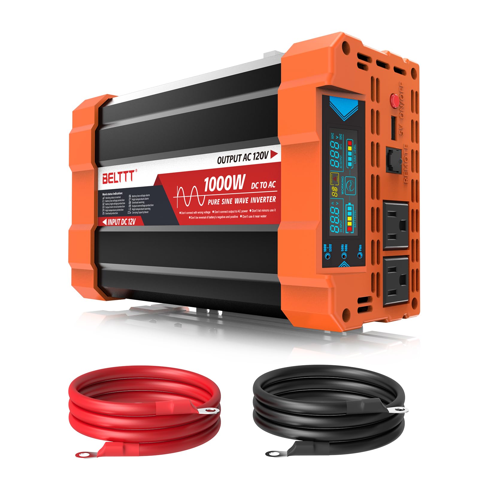 BELTTT - 1000W Pure Sine Wave Inverter, DC 12V to 120V AC Converter for RV, Truck, Solar Power Inverter for Vehicles with Built-in 5V/2.1A USB, Remote Control and