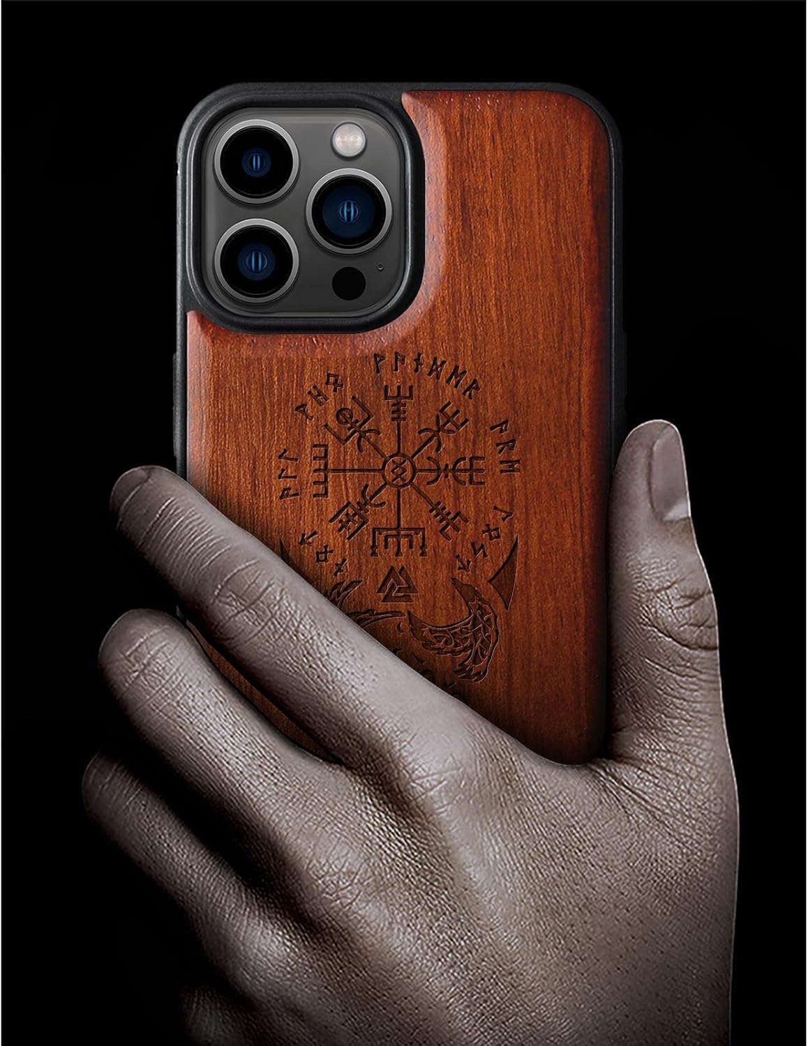 Carveit Magnetic Wood Case for iPhone 13 Pro Case [Hard Real Wood & Soft TPU] Unique & Classy Wooden Shockproof Hybrid Protective Cover Compatible with MagSafe (Viking Compass Vegvisir-Rosy)
