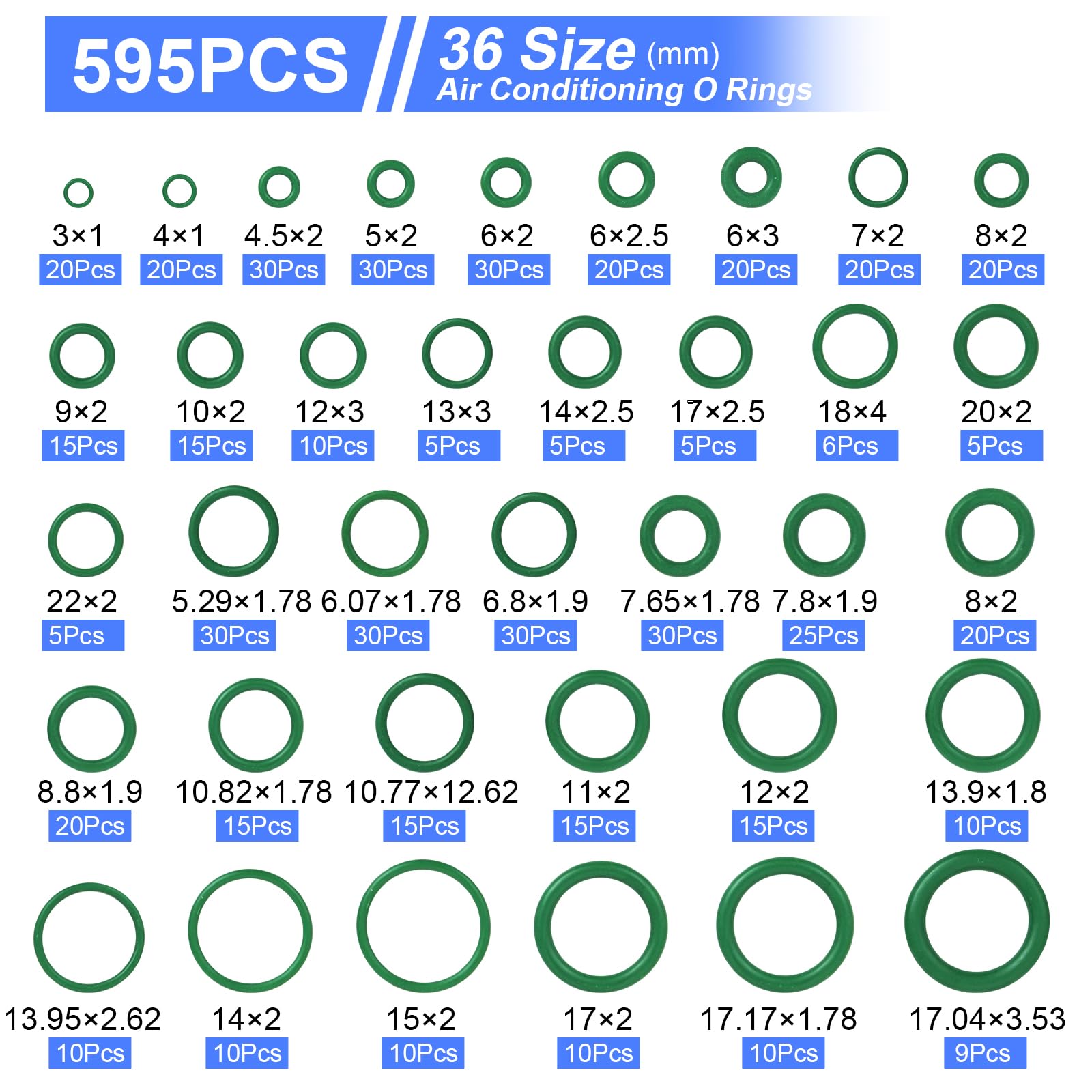 Juntas Toricas de Goma Nitrilo HOWAB 595PCS 36 Tamaños Ø 3mm-22mm para Aire Acondicionado Coche