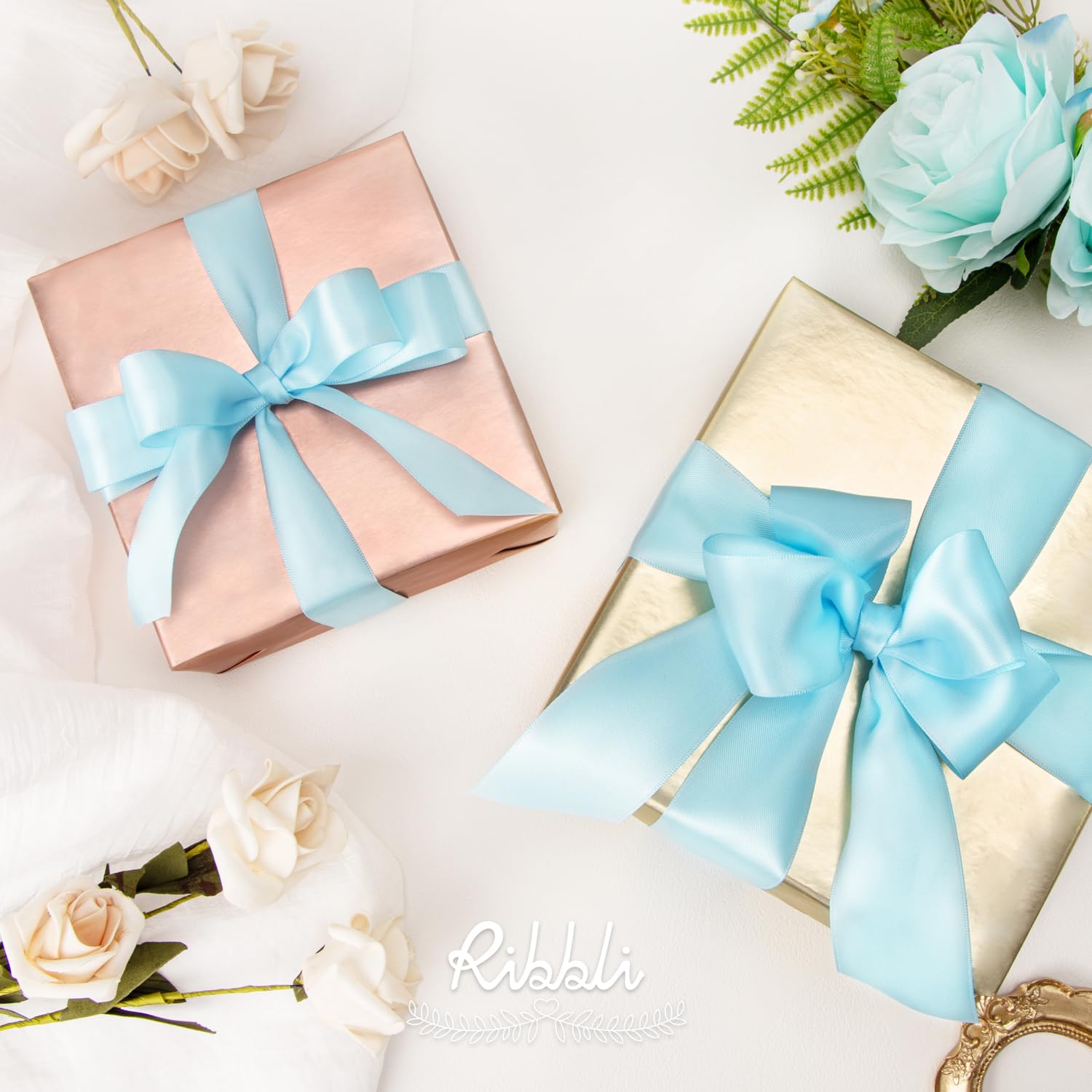 サテンリボン4色セット幅5㎝×長さ29～30m赤、紺、ライトブルー、グリーン