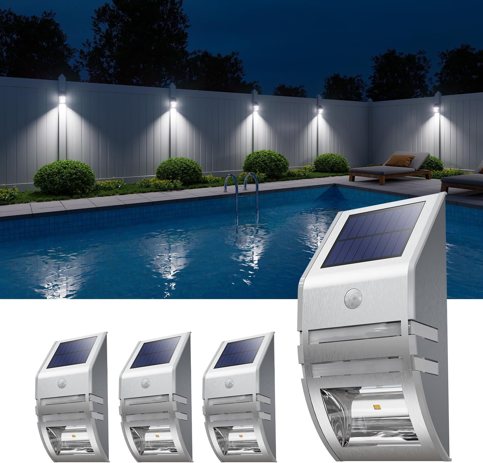 4 Pack Solar Wall Lights, Stainless Steels Outdoor Waterproof Motion Sensor Modern Metal Lamps for Fence, Deck, Post, Stair, Front Porch, Dock, Patio, Yard, House Siding, Convenient Security Lighting