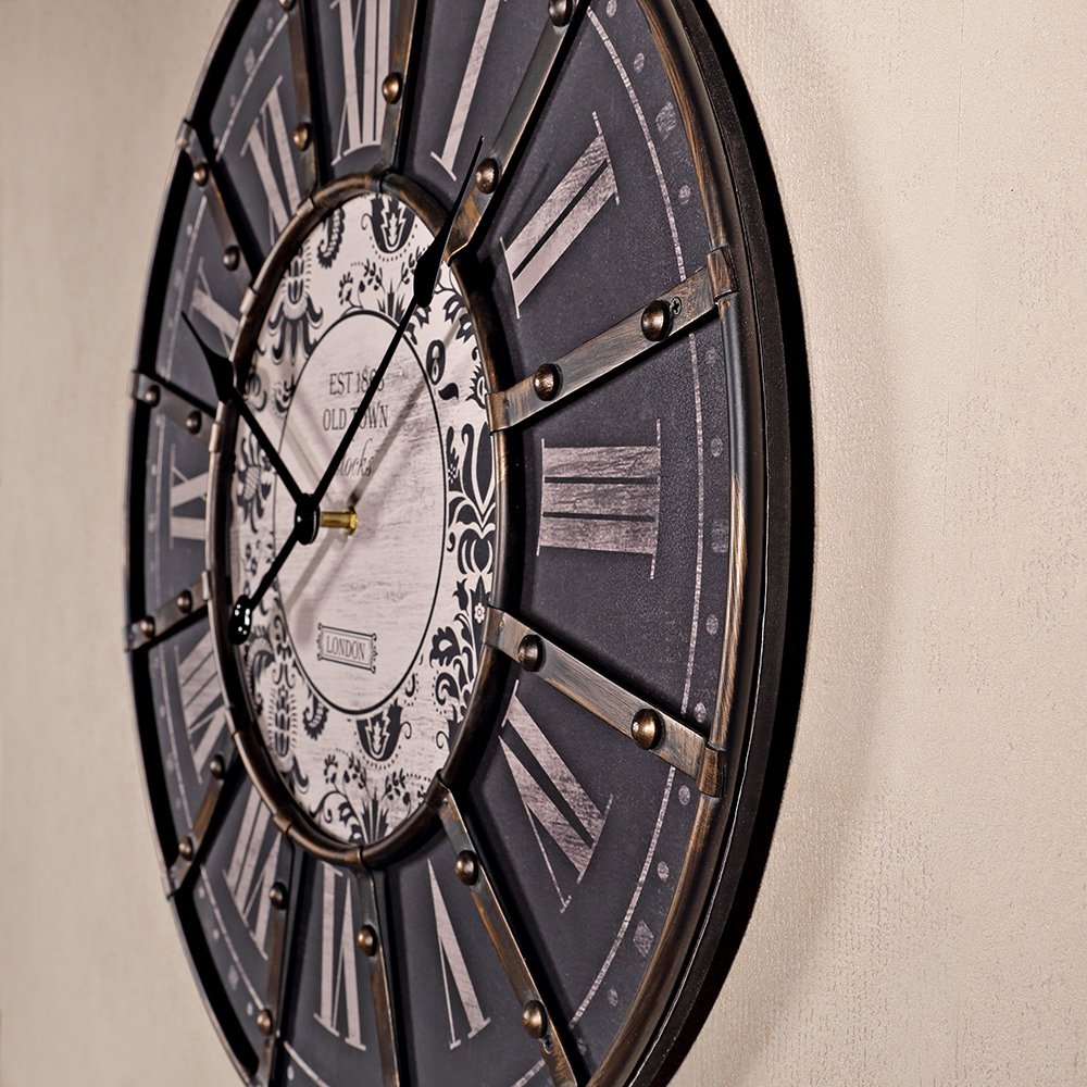 Mucola Wanduhr XXL lautlos Vintage römische Ziffern 60 cm Metall Schwarz