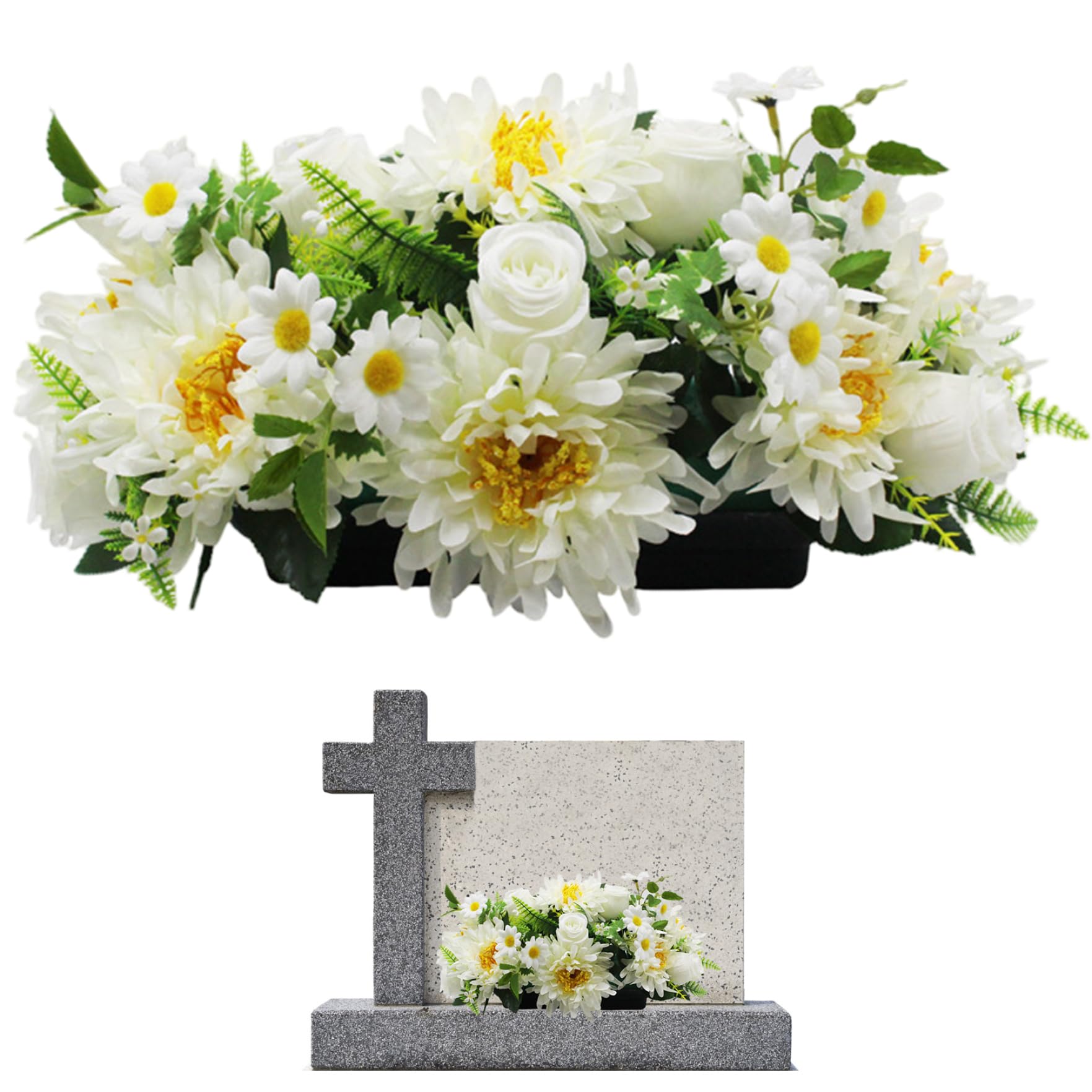 Fleurs cimetière artificielles pour honorer la mémoire sur une pierre tombale