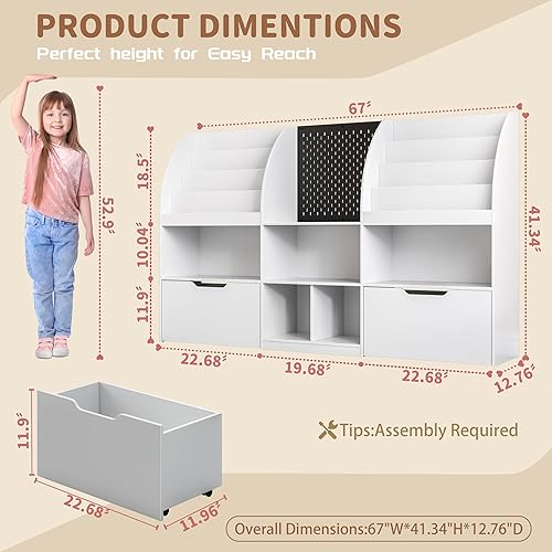 Miniatura 2 de FLOWBACK Organizador de almacenamiento de juguetes para niños de 67 pulgadas y estantería con 5 cubos y cajones móviles, organizador de sala de