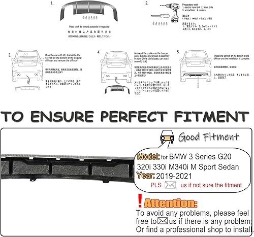 Miniatura 5 de Difusor trasero de fibra de carbono para BMW Serie 3 G20 M Sport Sedan 2019-2021 320i 330i M340i M-tech Kit de cuerpo de alerón de parachoques