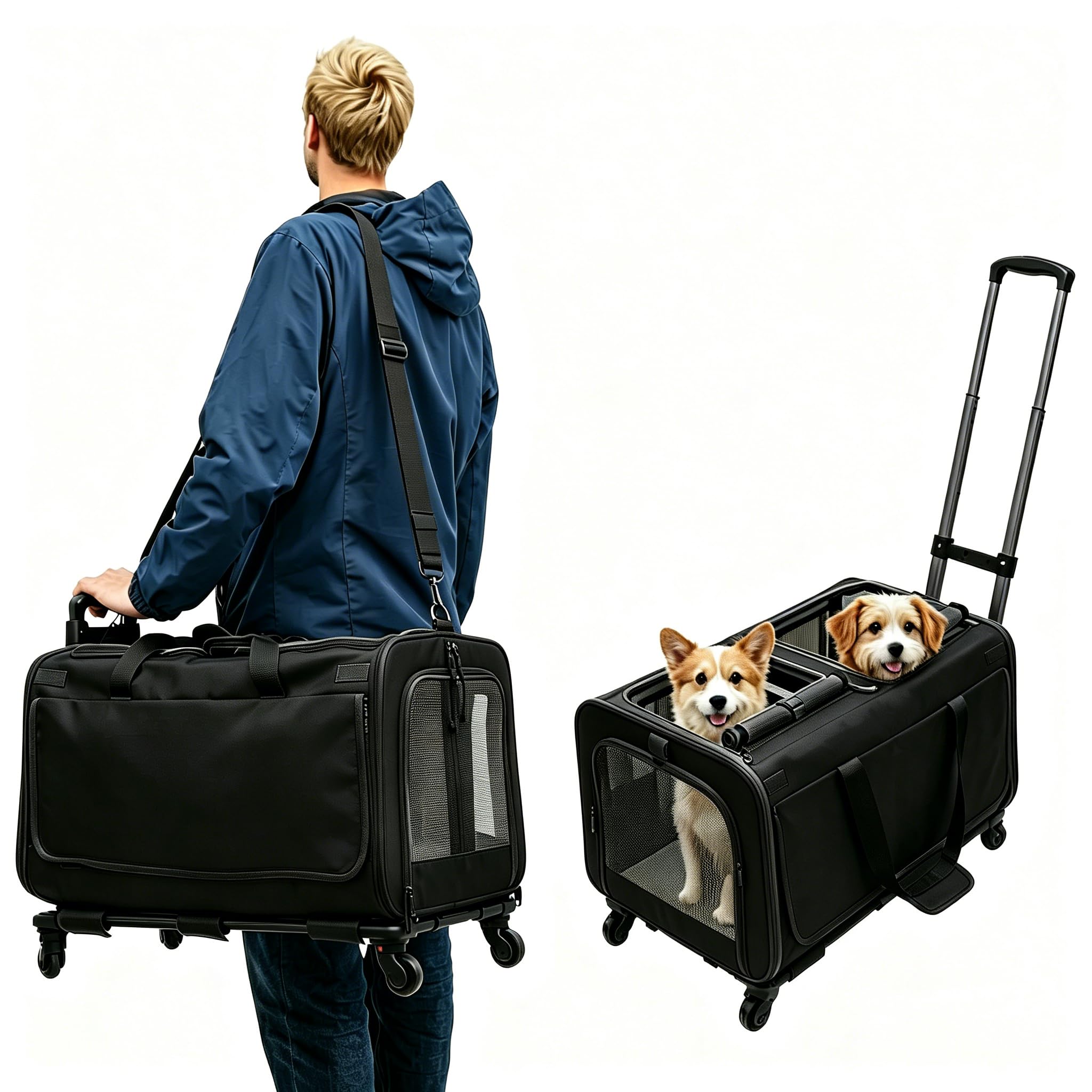 Transportín para mascotas con dos compartimentos y ruedas para gato/perro, caja de transporte extraíble para gatos con asa telescópica para 2 gatos/perros, hasta 17,5 kg, para viajes, senderismo