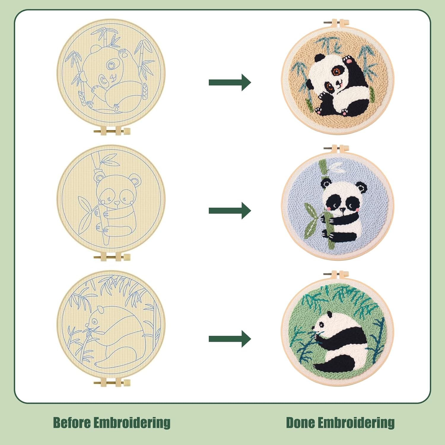 Joyeee Punch Needle Embroidery Starter Kit, Adults Beginners Friendly Craft Xmas Gift Idea with 3 Bamboo Panda Designs, Includes 20cm Hoops, Punch Needle Fabric, Yarns, English Instructions and Tools