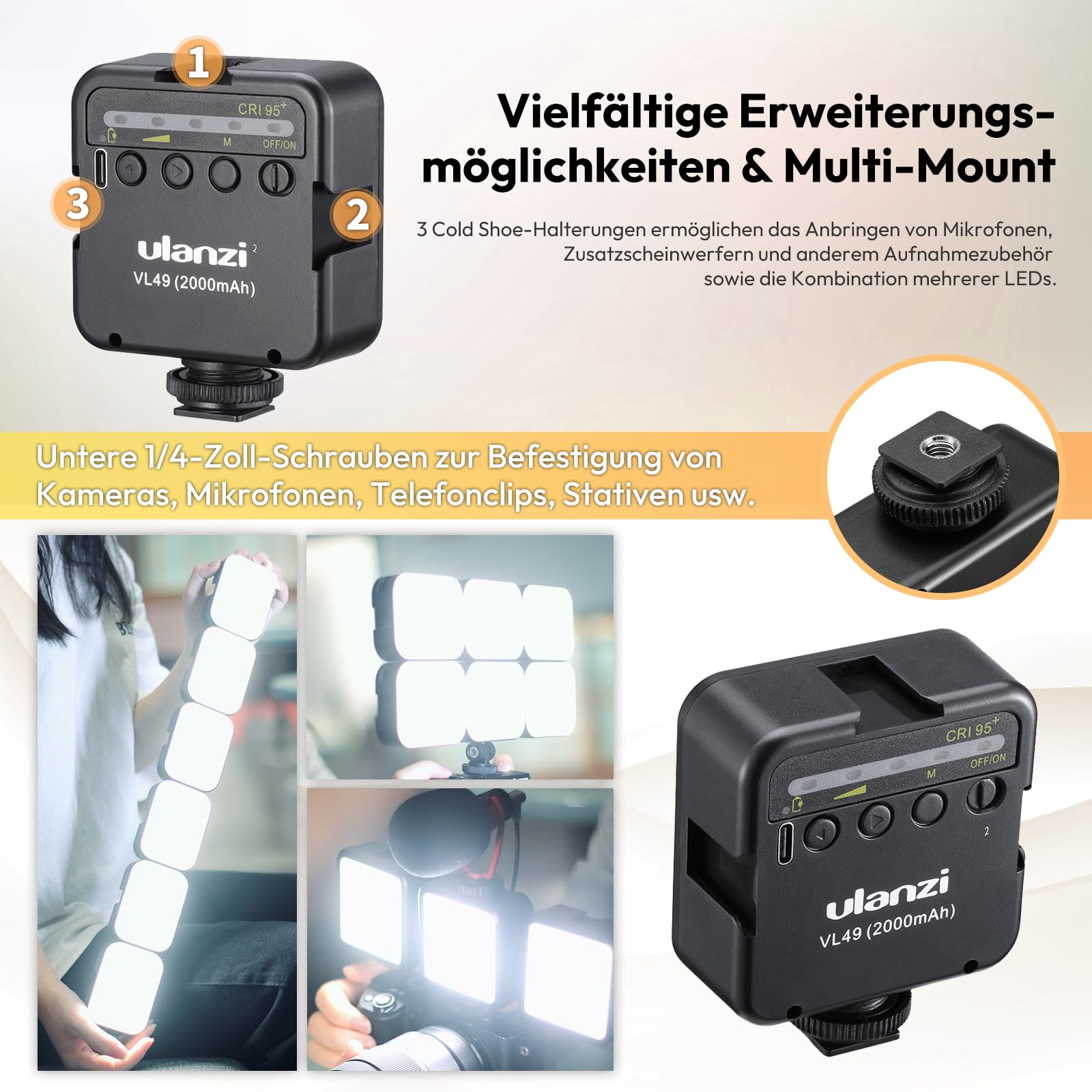 Camera Light, ULANZI VL49 Video Licht mit 2000mAh Akku, LED Videoleuchte 5500K Einstellbar, 3 Cold Shoe für Mikros und Lampen, Dauerlicht für Kamera Foto Schwarz