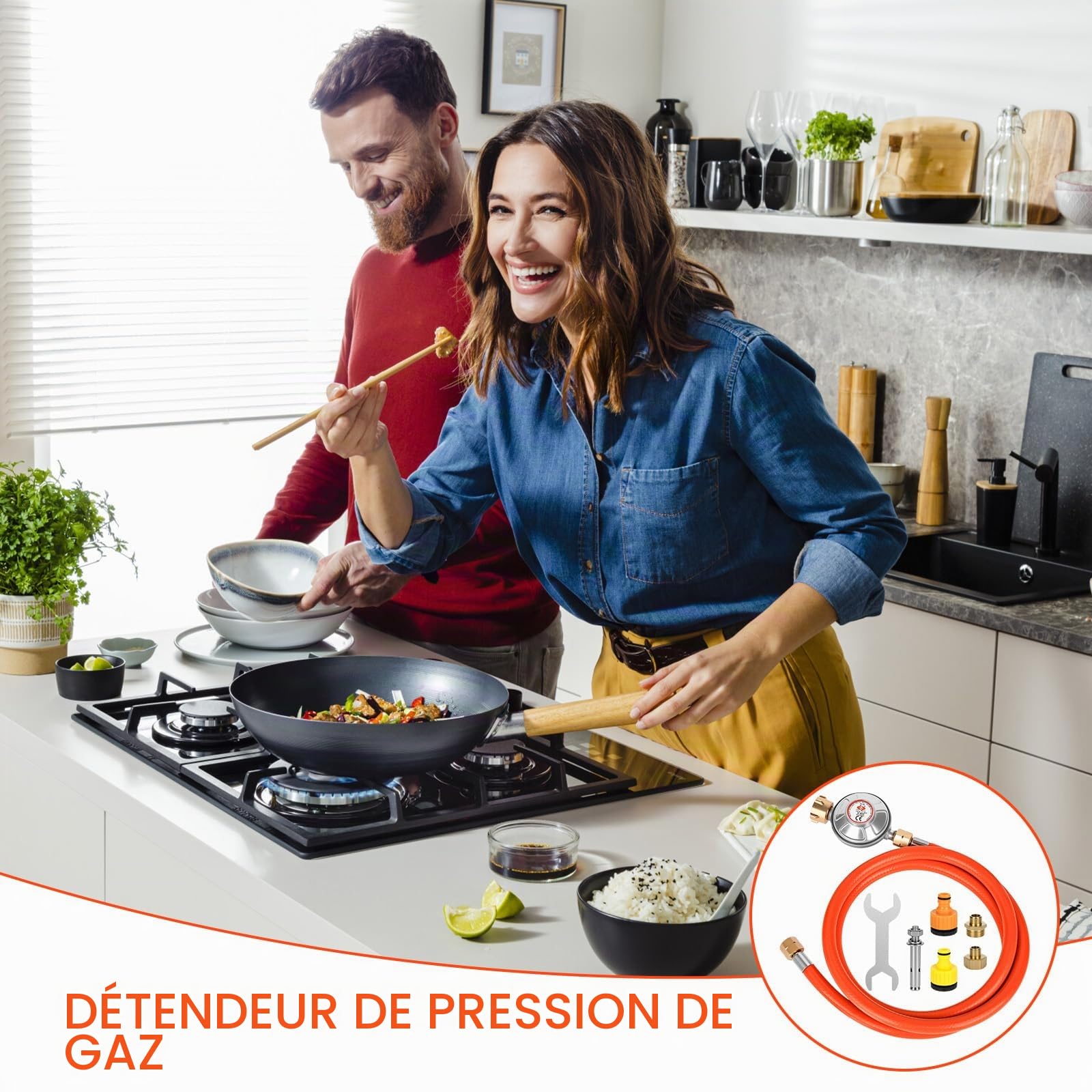 Régulateur de pression de gaz 50 mbar, tuyau de gaz de 150 cm, filetage extérieur 1/4" -19 LH, régulateur de pression de gaz à basse pression pour barbecues pour camping, pique-niques