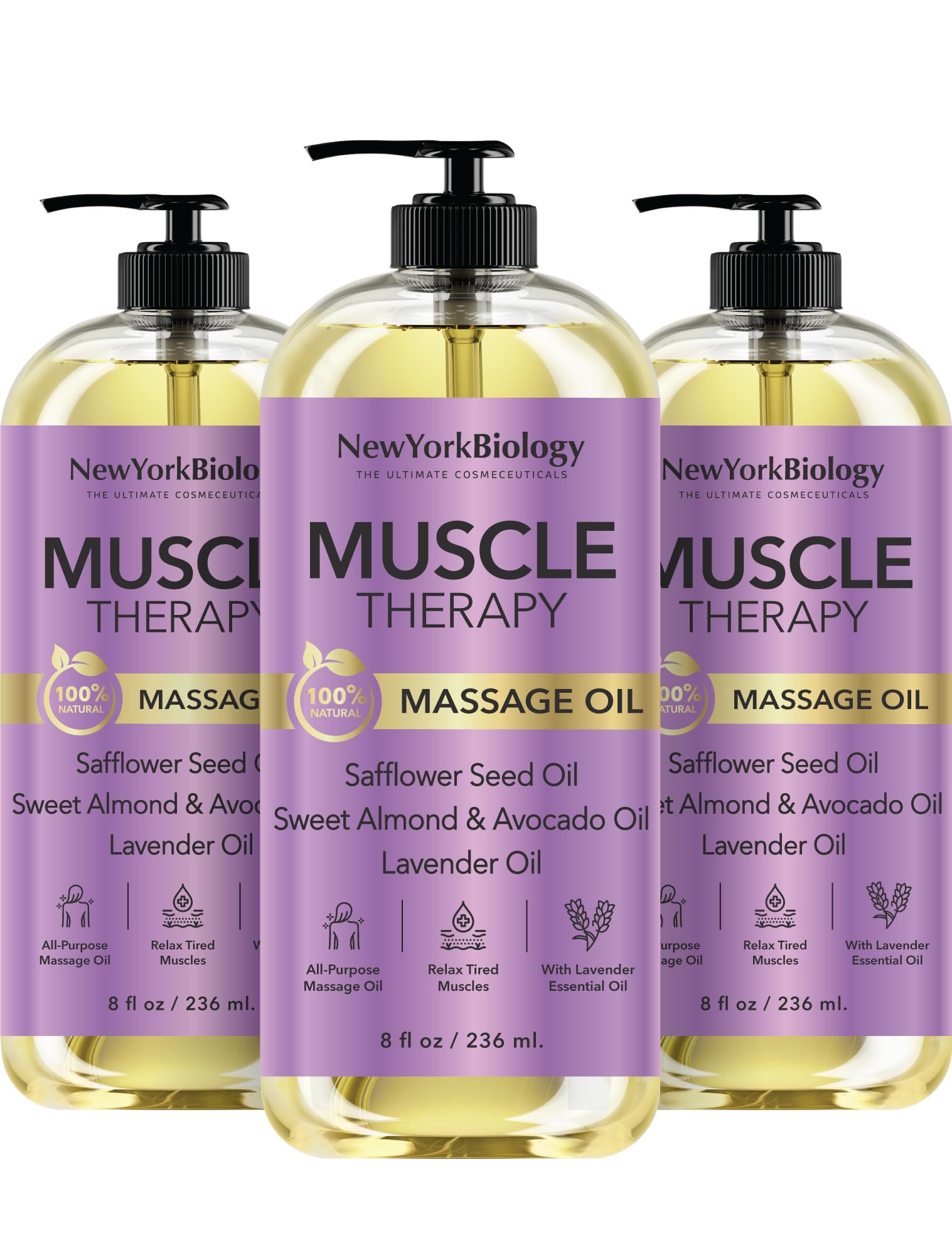 New York Biology Muscle Therapy Massage Oil 8 Fl Oz – Made with 100% Natural Oils – Sensual Body Oil for Massage Therapy, Muscle Relaxation and Deep Tissue - Pack of 3