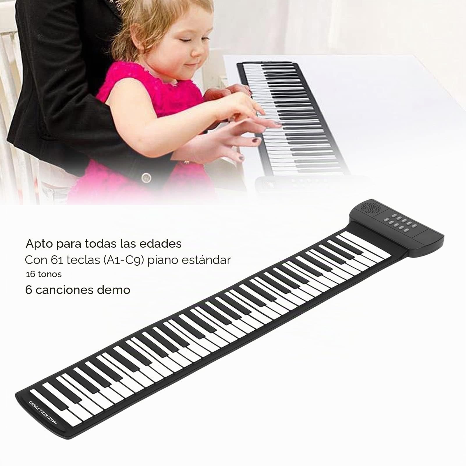 Piano de Teclado de 61 Teclas, Piano Enrollable Portátil Plegable con 16 Tonos Y 6 de Demostración, Compatible con Salida MIDI/auriculares Externos, para Niños, Principiantes(PM61)