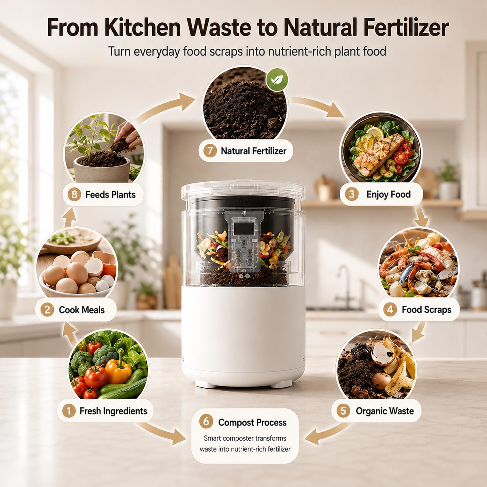 MIAOXIAOLONG Compostador Eléctrico 220 V, Cubo para Residuos En Encimera | Reciclador De Alimentos 4.5L, 1 Botón Para Compostar, Cubo De Compostaje Fácil De Limpiar, Bajo Ruido, Sin Olor, Blanco
