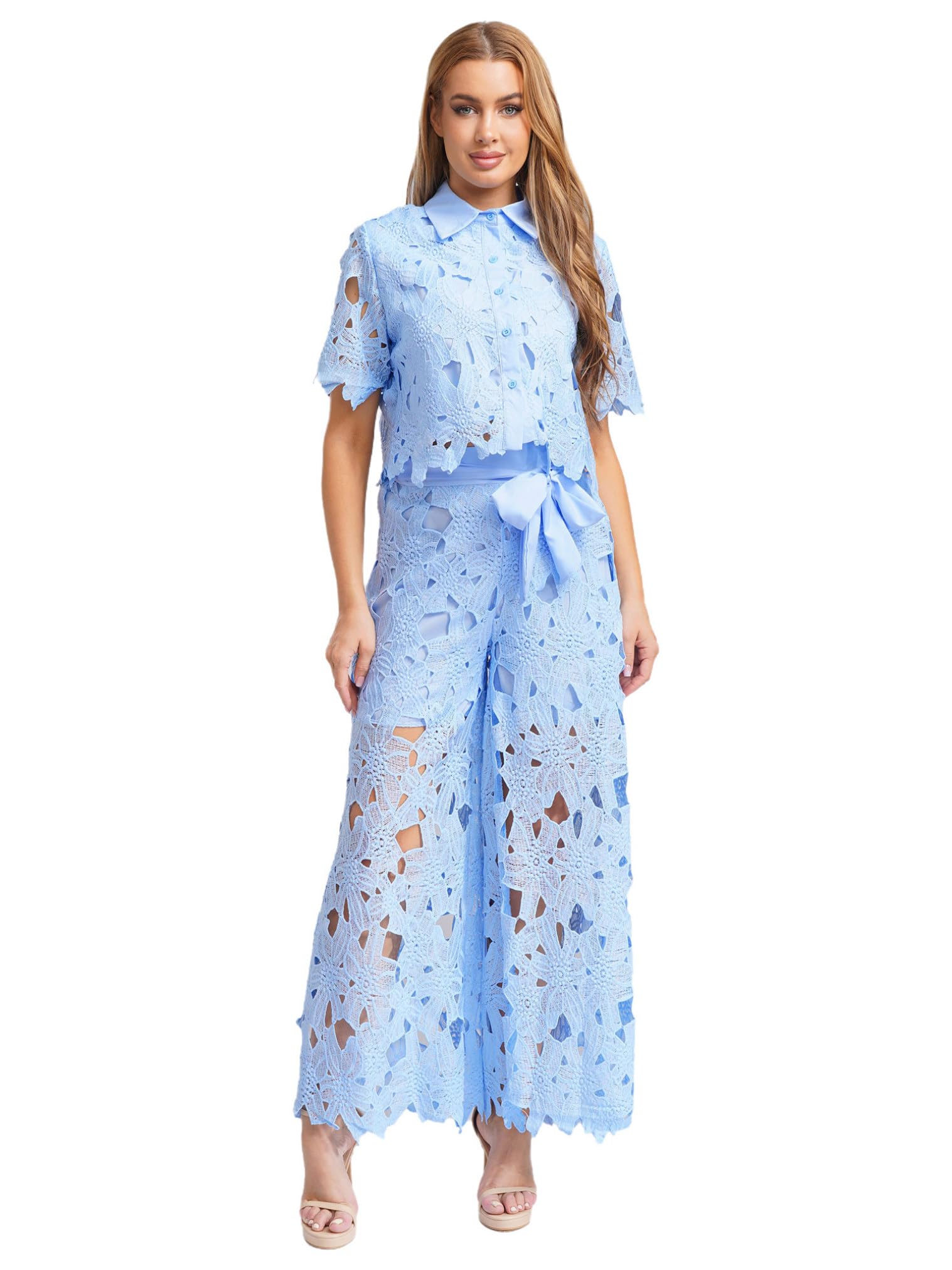renvena Womens Chiffon Lace Outfit Floral Hollow Out Button Shirt Top Wide Leg Belted Pants 2 Piece Sets