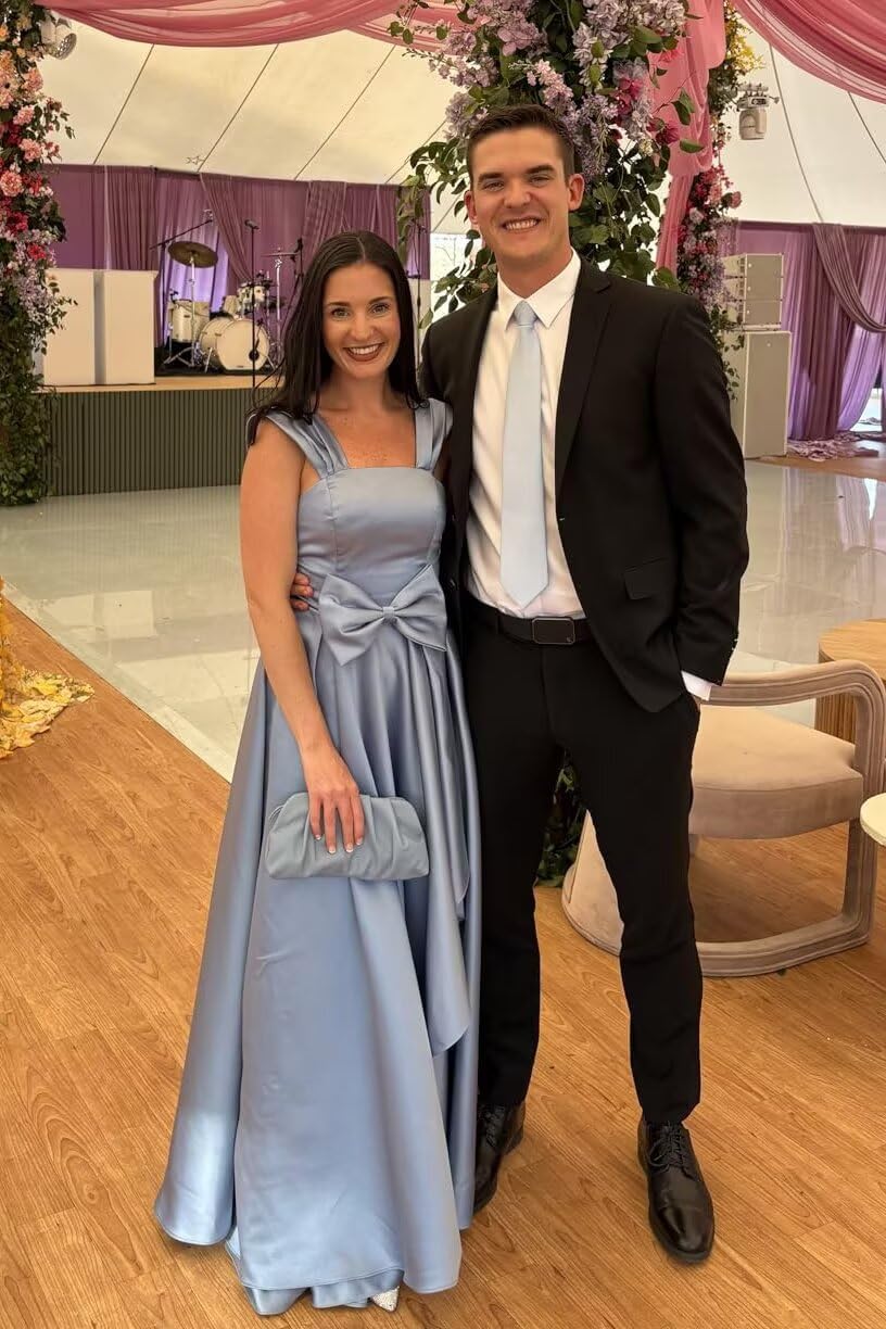 Strapless Satin Ball Gown Dresses for Women Corset High Waist Bow Gowns A Line Ruffles Ballgown with Train