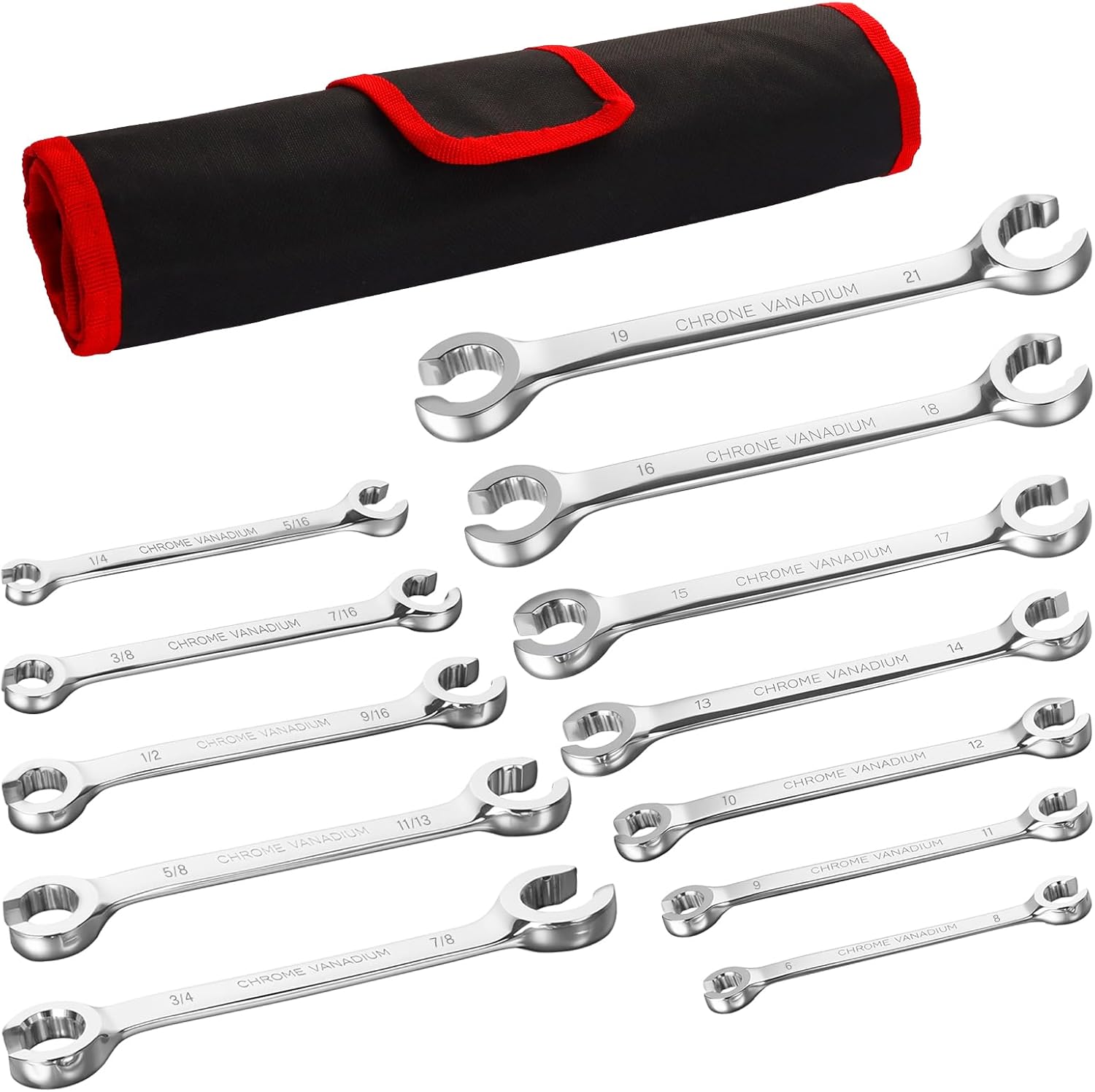 BILITOOLS 12-Piece Flare Nut Wrench Set, Metric & Standard, 12-Point Line Wrench Set 1/4" to 7/8" & 6-21mm, Cr-V Steel