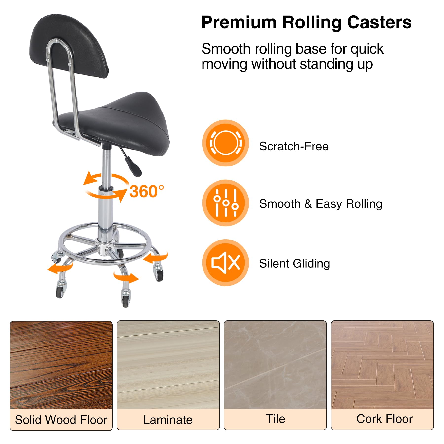REDCAMP Sattelhocker mit Rollen & Rückenlehne | Ergonomischer Bürohocker 360° Drehbar | Höhenverstellbar (50-66 cm) | 180kg Traglast | Silent-Rollen für Küche Massage Büro | Schwarz