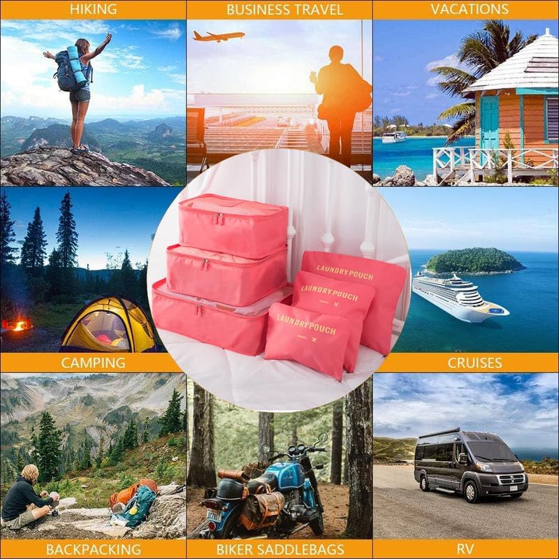Image of 6 in 1 Polyester Secret Pouch Travel Bag Packing Cubes Laundry Bag with Undergarments & Cloth Storage Organizer Travelling Set /Suitcase Cloth Cube Bag (ROZE RED 6 in 1 Travel Bag)
