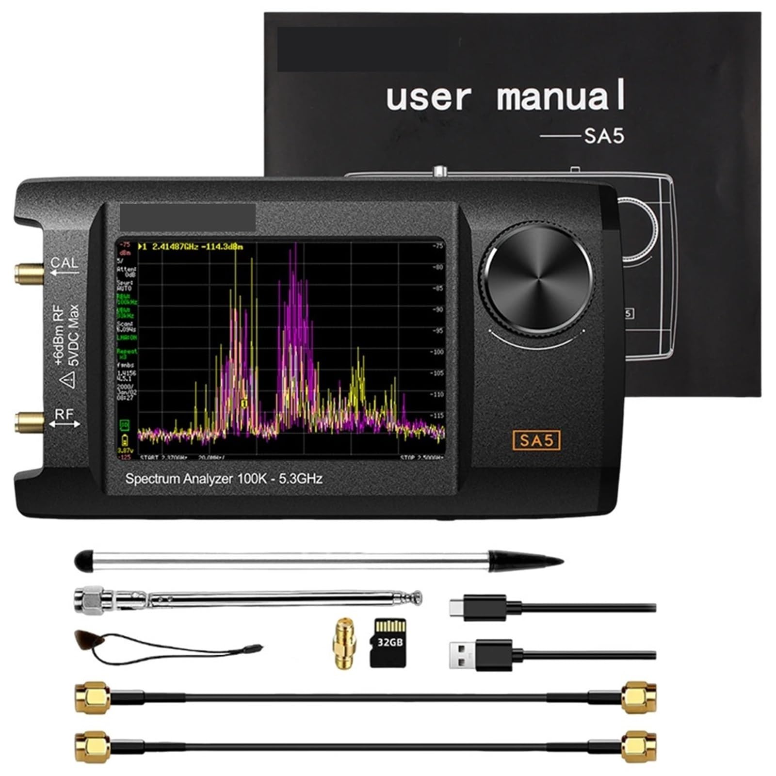 Analizzatore di spettro portatile 2 in 1, generatore segnale da 4,0 pollici, batteria 5000 mAh, 100 kHz a 5,3 GHz, con scheda 32 GB