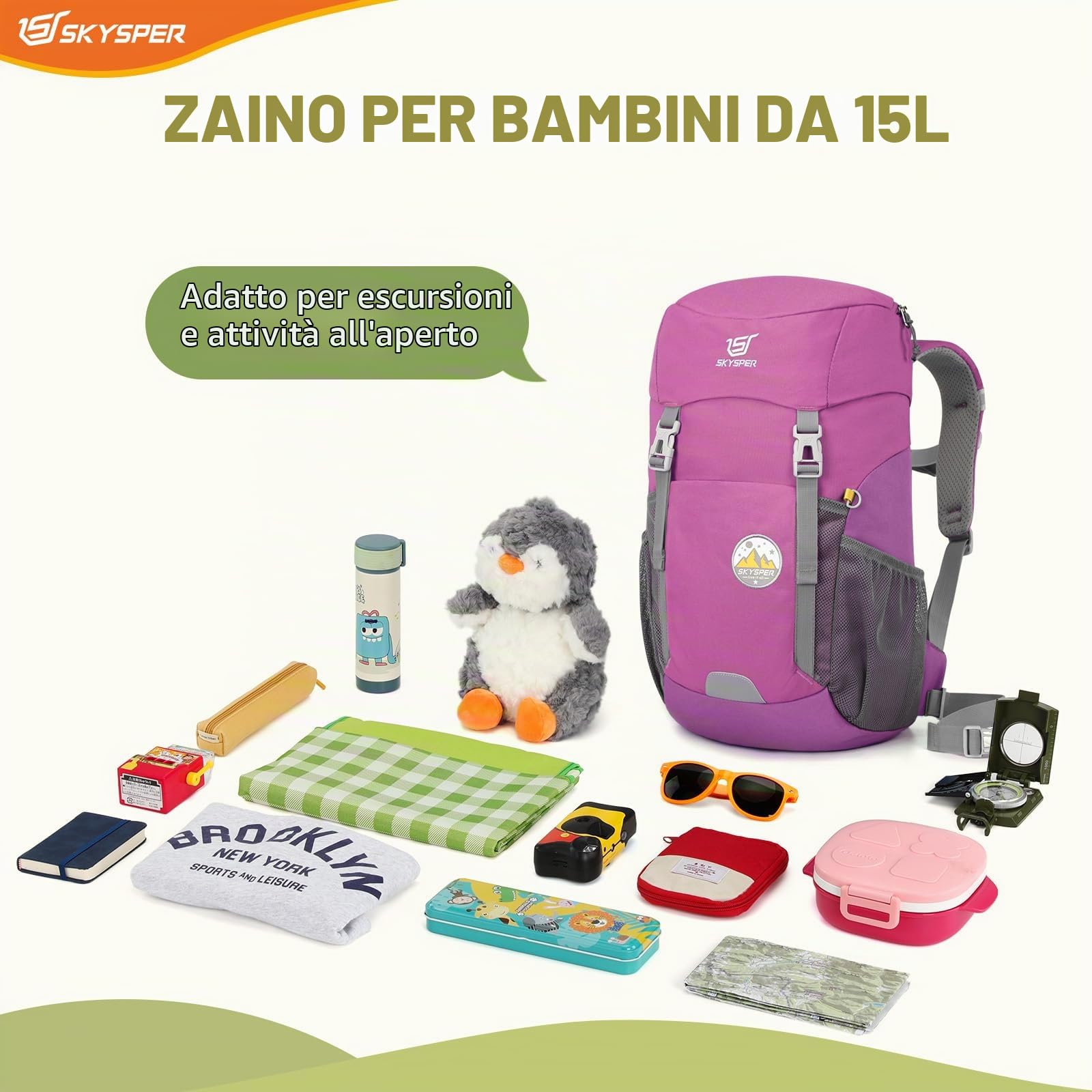 SKYSPER Zaino Bambino Gita 15L per Trekking Zainetto Bambina per Scuola Asilo Elementare 6-12 Anni