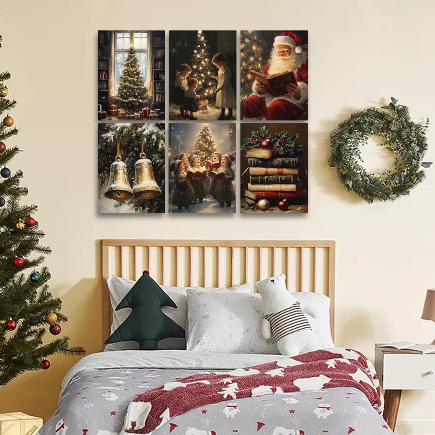 6 PCS Christmas Tree Canvas Wall Art Winter Santa Claus Painting Poster Christmas Book Wall Decor Christmas Tree Picture for Living Room Bathroom Bedroom Home Decoration 12*16 in(Poster No Frame)