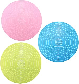 3 Pcs Round Silicone Cake Mat, Reusable Non Slip Heat Resistant Silicone Baking Mat Printed with Clear Scale for Cake Turntable Pizza Dough Pastry Rolling (Pink, Blue, Green)