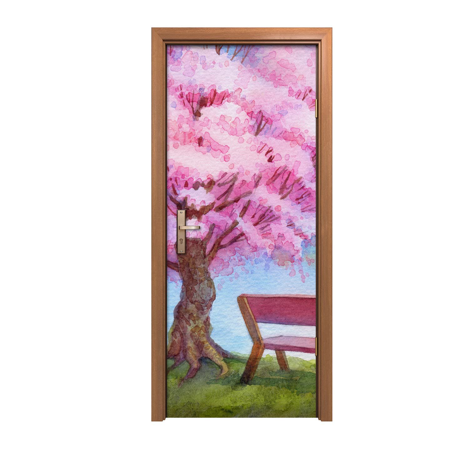 Autocollant de porte Coloray lavable et résistant au motif banc d'arbre