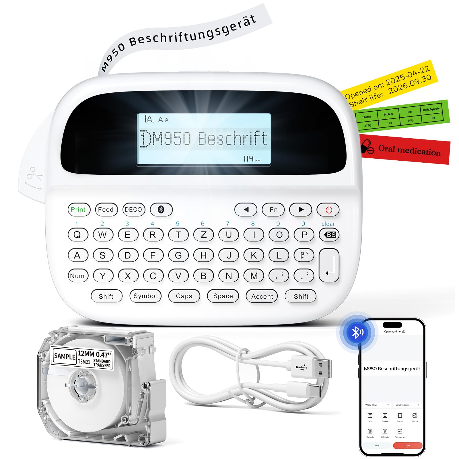 Stampante Etichette Adesive, Etichettatrice Etichette Adesive Portatile, Macchina da Scrivere con Tastiera QWERTZ, M950 Stampanti con Etichette, Stampante per Adesivi per Casa Ufficio Scuola