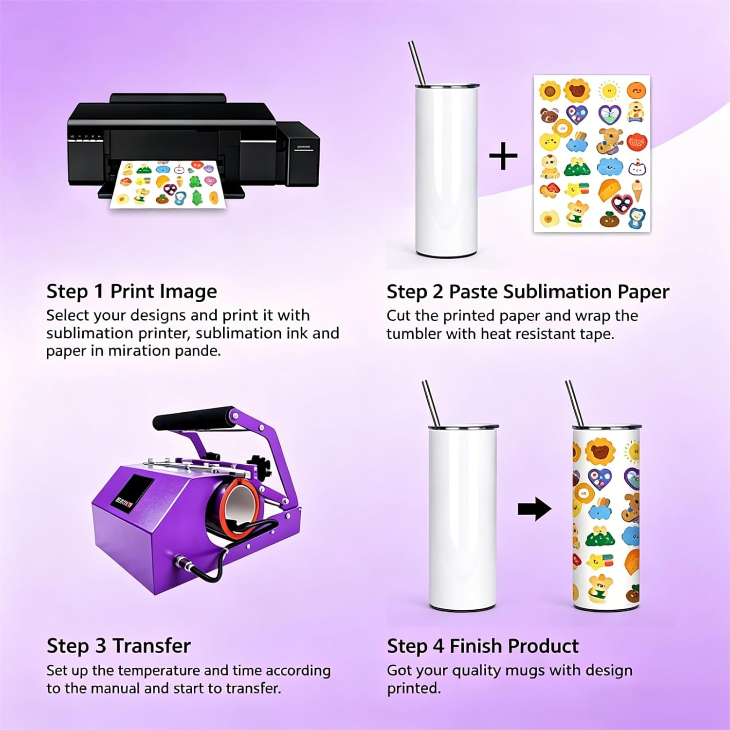BetterSub Tumbler Mug Heat Press Machine 30 OZ 20 OZ 16 OZ Sublimation Straight Skinny Tumbler Mug Sublimation Print 11 OZ 15 OZ Sublimation Mug Heat Transfer Purple