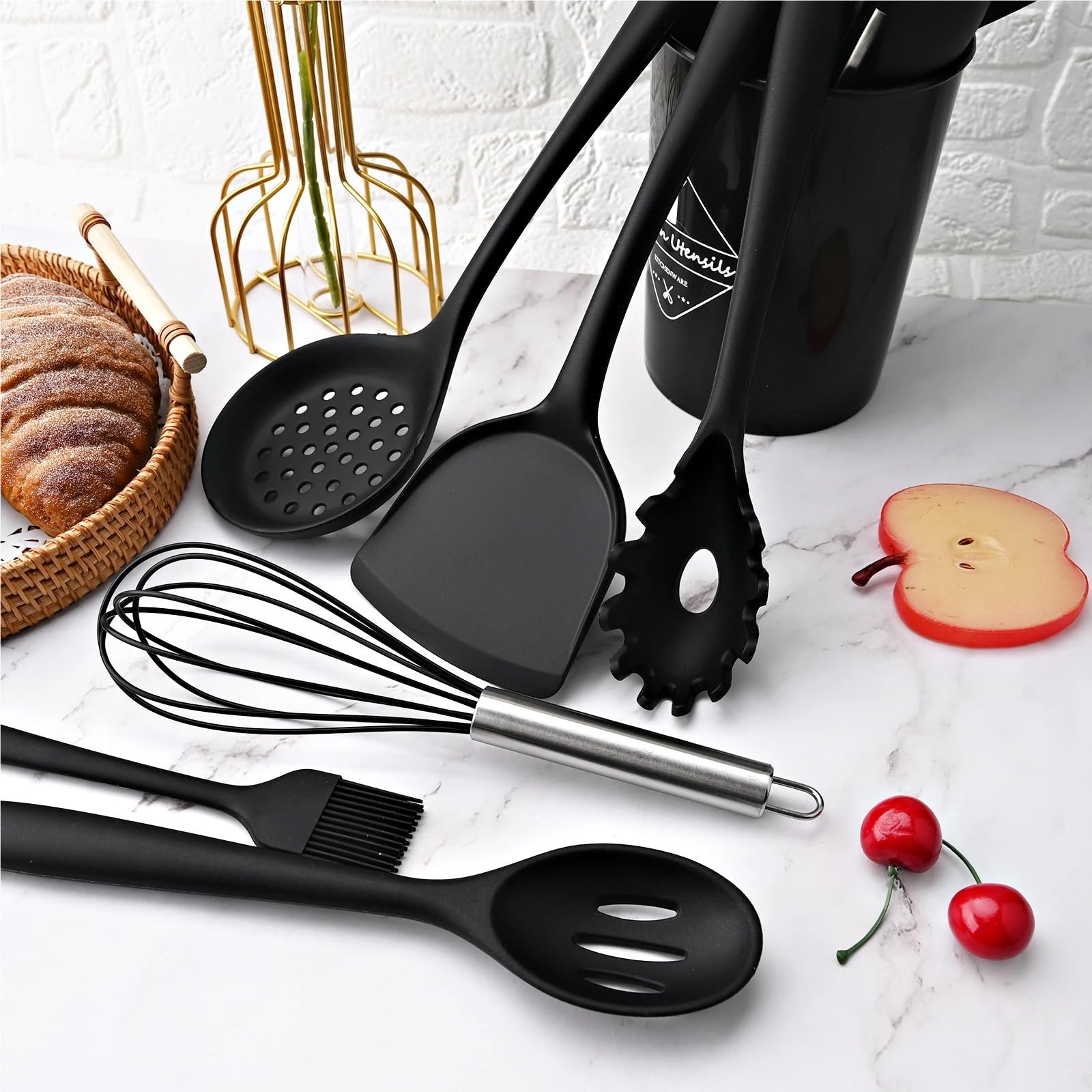 Silikon Küchenhelfer Set Schwarzes Silikon-Kochutensilien-Set, antihaftbeschichtet, Spachtel, Schaufel, Suppenlöffel(6Pcs Set)