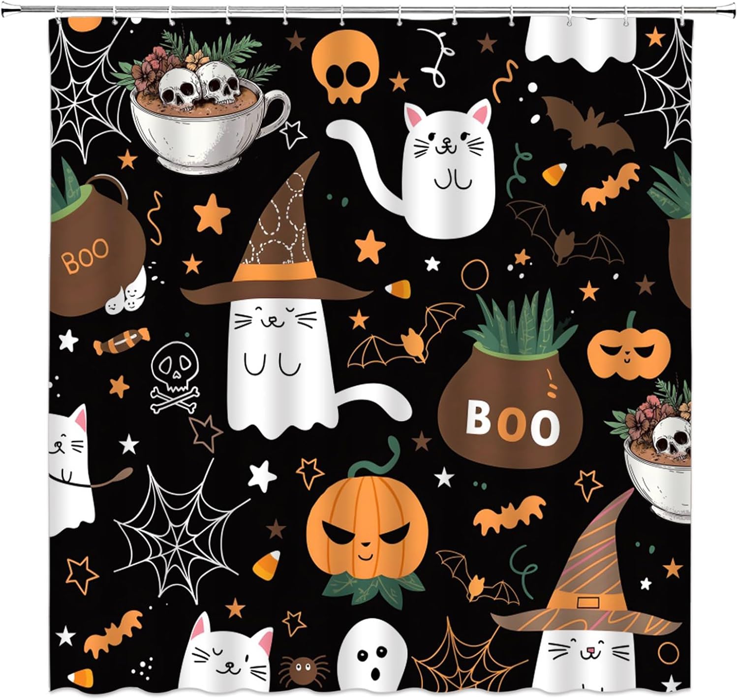 Halloween Cartoon Shower Curtain 78" Wx70 H,Funny Cat Witchy Hat Spooky Bat Pumpkins Skull Cute Gothic Fabric Bathroom Decor Curtains with Hooks,