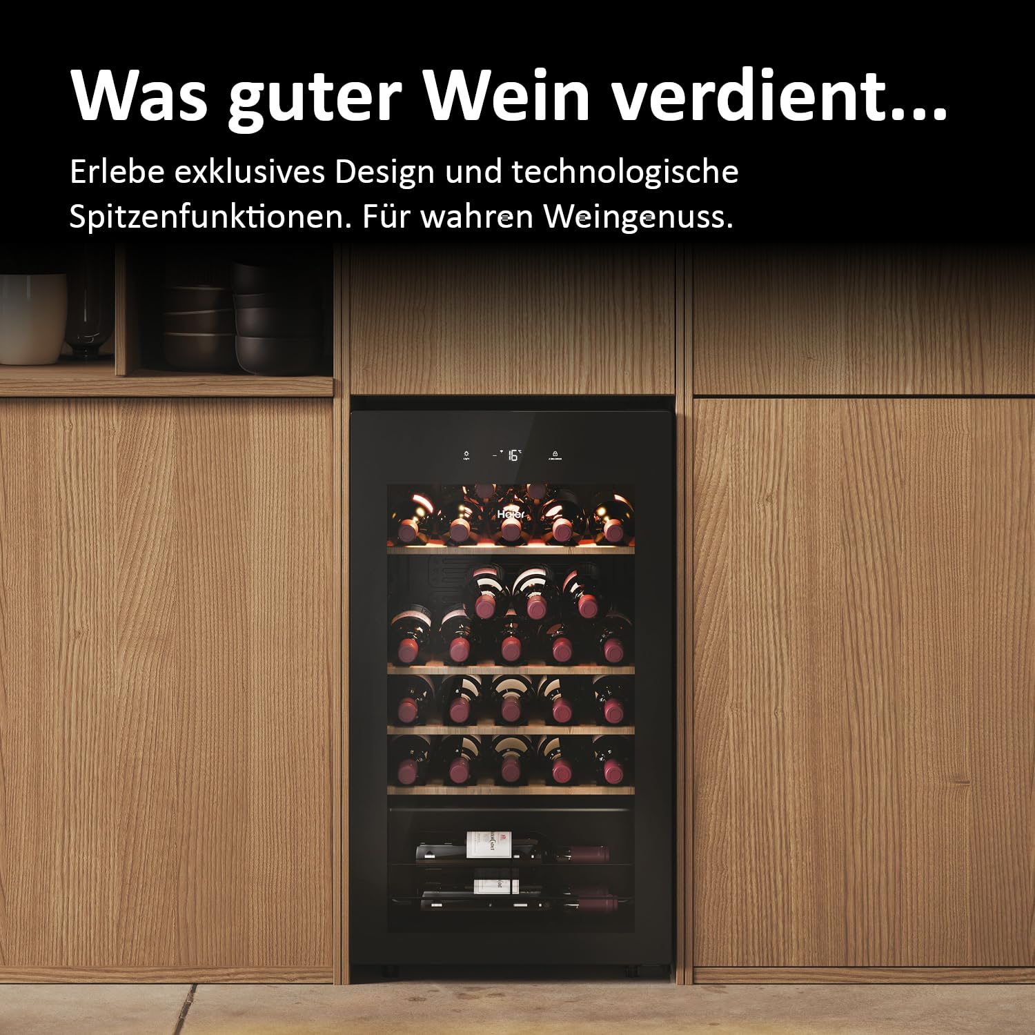 Haier Weinkühlschrank 50 SERIE 3 HWS34GGH1 Weinklimaschrank 34 Flaschen Wine Fridge UV-Glastür 5 Holzregale Wi-Fi Touch-Display