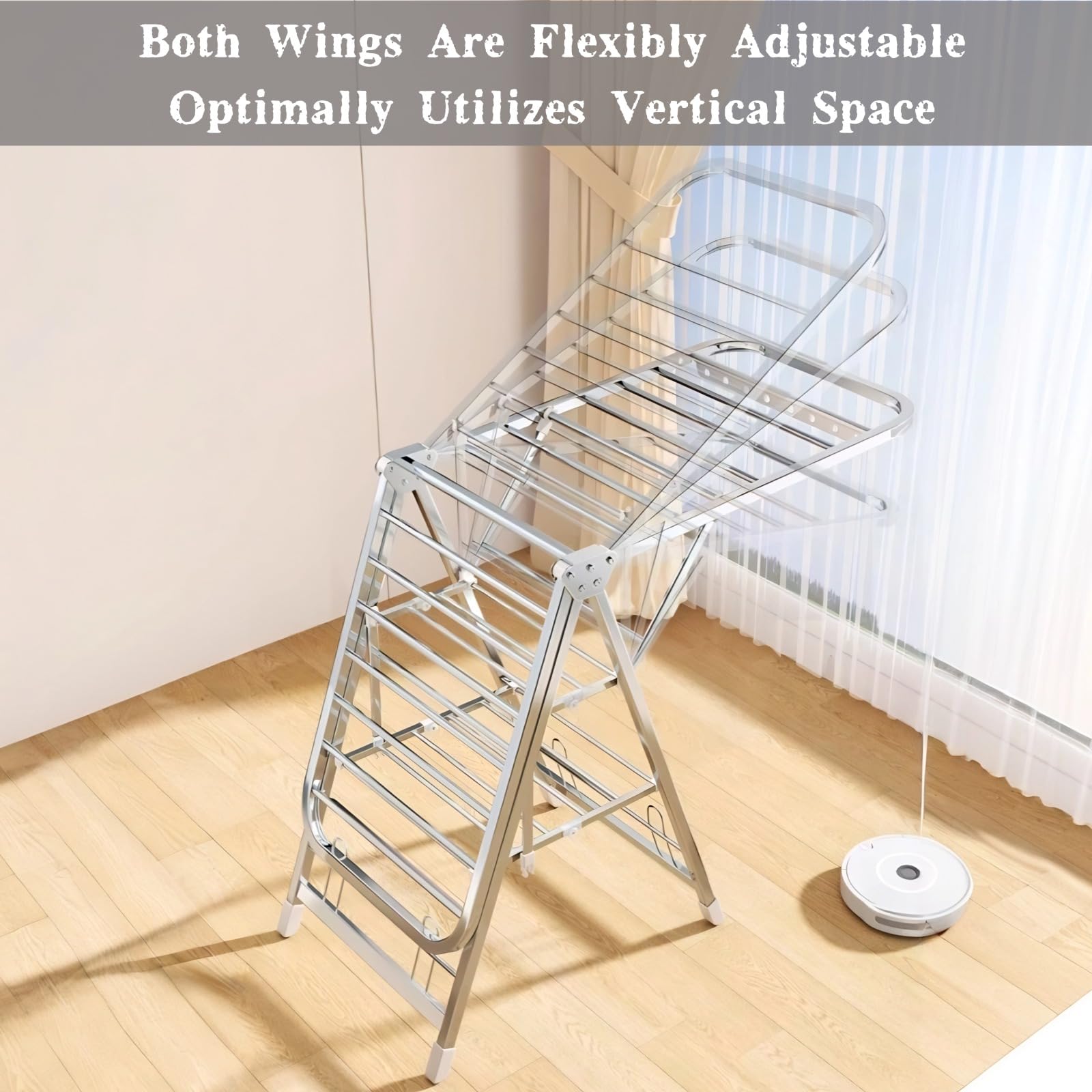 Estante de Secado Plegable con Ruedas, aireador de lavandería de Acero Inoxidable, Barras Ajustables de Altura y de Viento, diseño de Ahorro de Espacio para Uso Interior al Aire Libre
