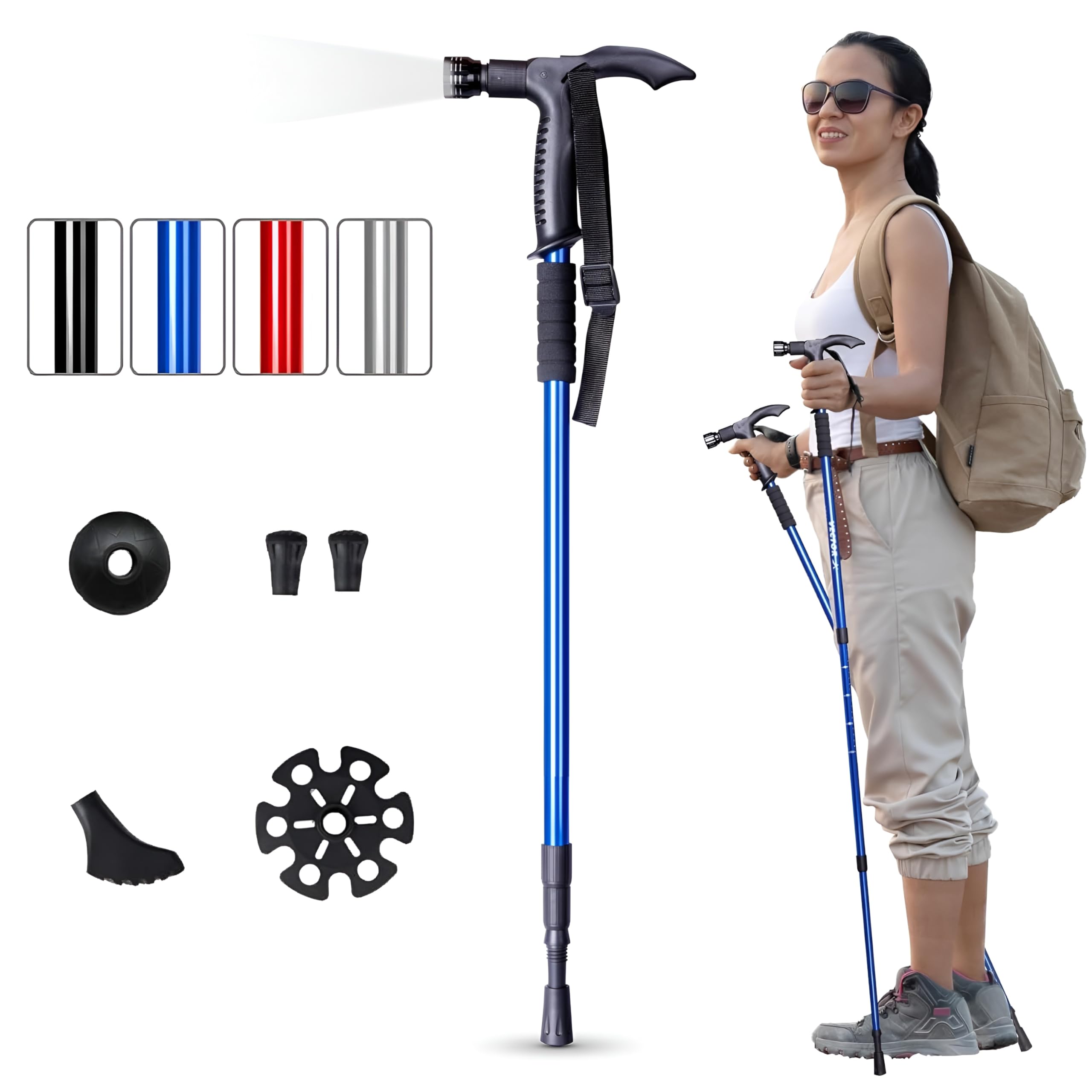 Trekking Poles with Light, Collapsible Lightweight Shock-Absorbent Hiking Walking Sticks Adjustable Aluminum Hiking Poles for Women Men Kids (Black)-image-42