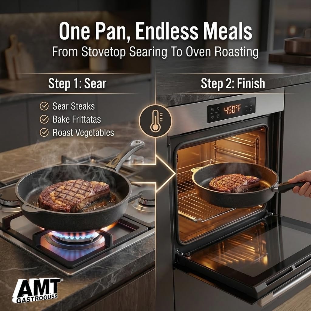 AMT Gastroguss The World’s [.] Casserole Frying Pan, 9.5 inch, 2.8 inch deep, Die-Cast Aluminum Skillet, Non-Induction Stovetop, Lotan® Non-Stick Coating, Deep Skillet, Chef Pan, AMZN-724-US