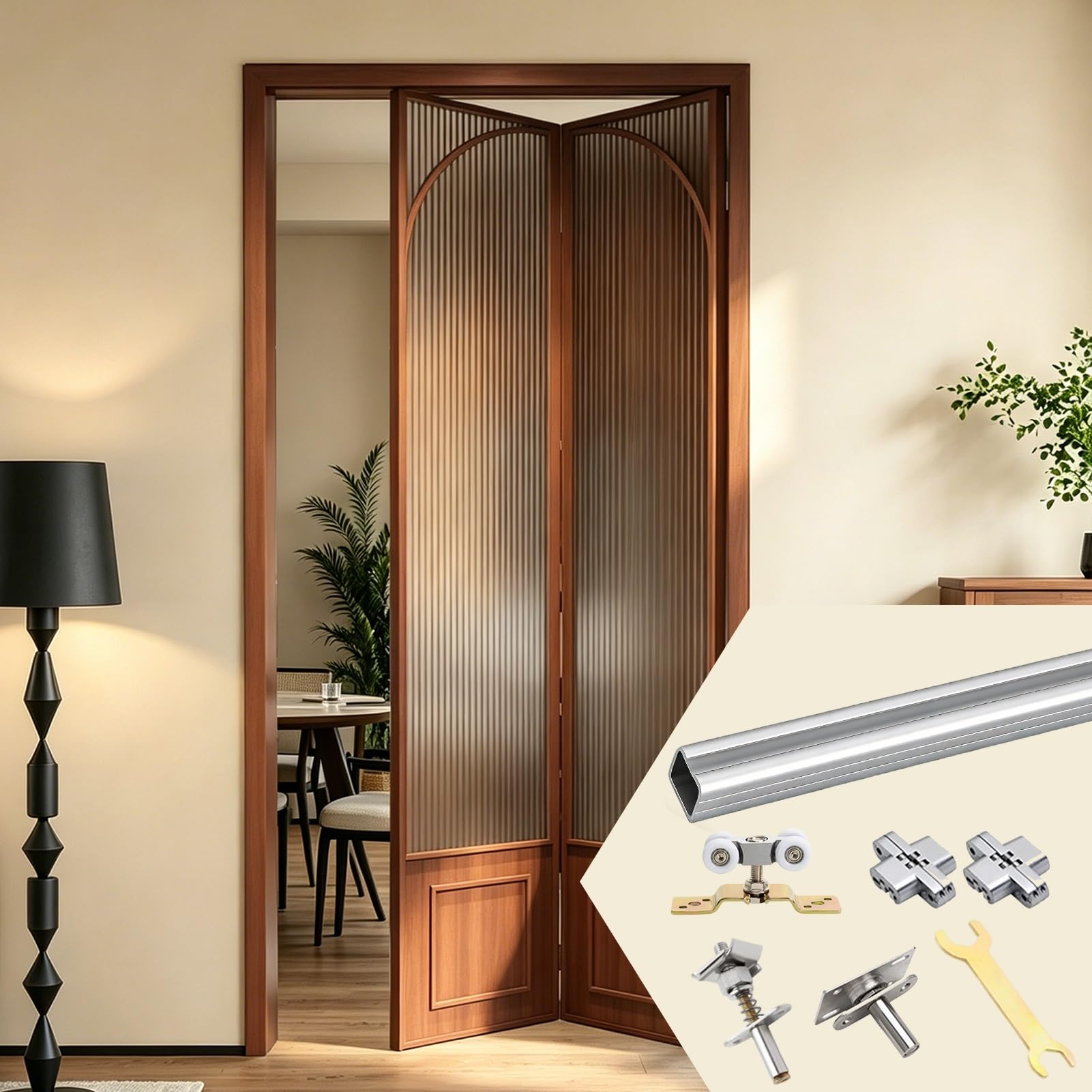 Sliding Bi-Fold Door Track Hardware for Room Divider, Quietly Folding Door Track System with Single-Side Opening, 3 6 9 13 ft Bifold Door Rail(2 doors,90cm/35.4in)