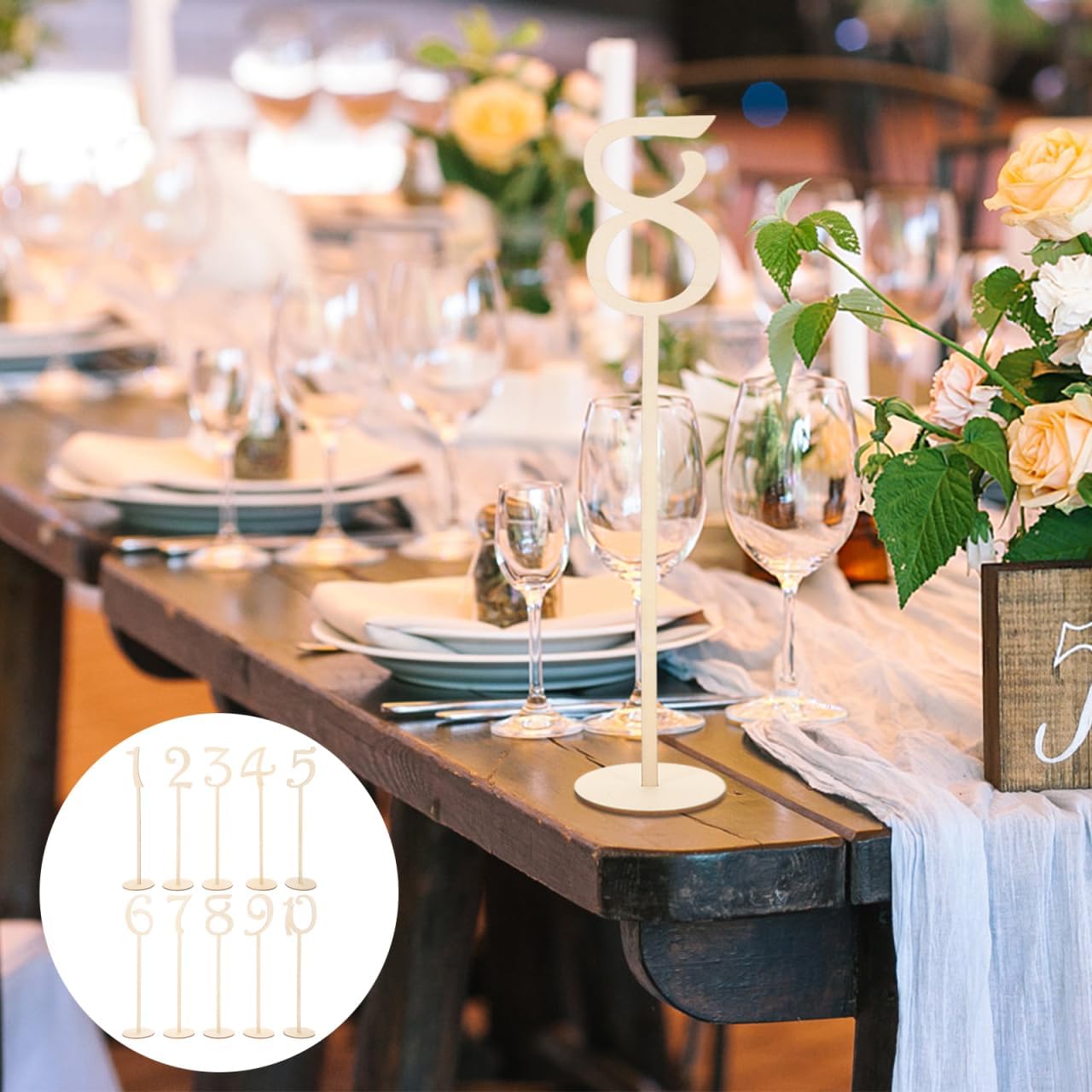 DOITOOL 10Pcs Wooden Table Numbers with Holder Base 13.78 Inch Tall Wedding Reception Seating Signs for Party Event Home Decoration