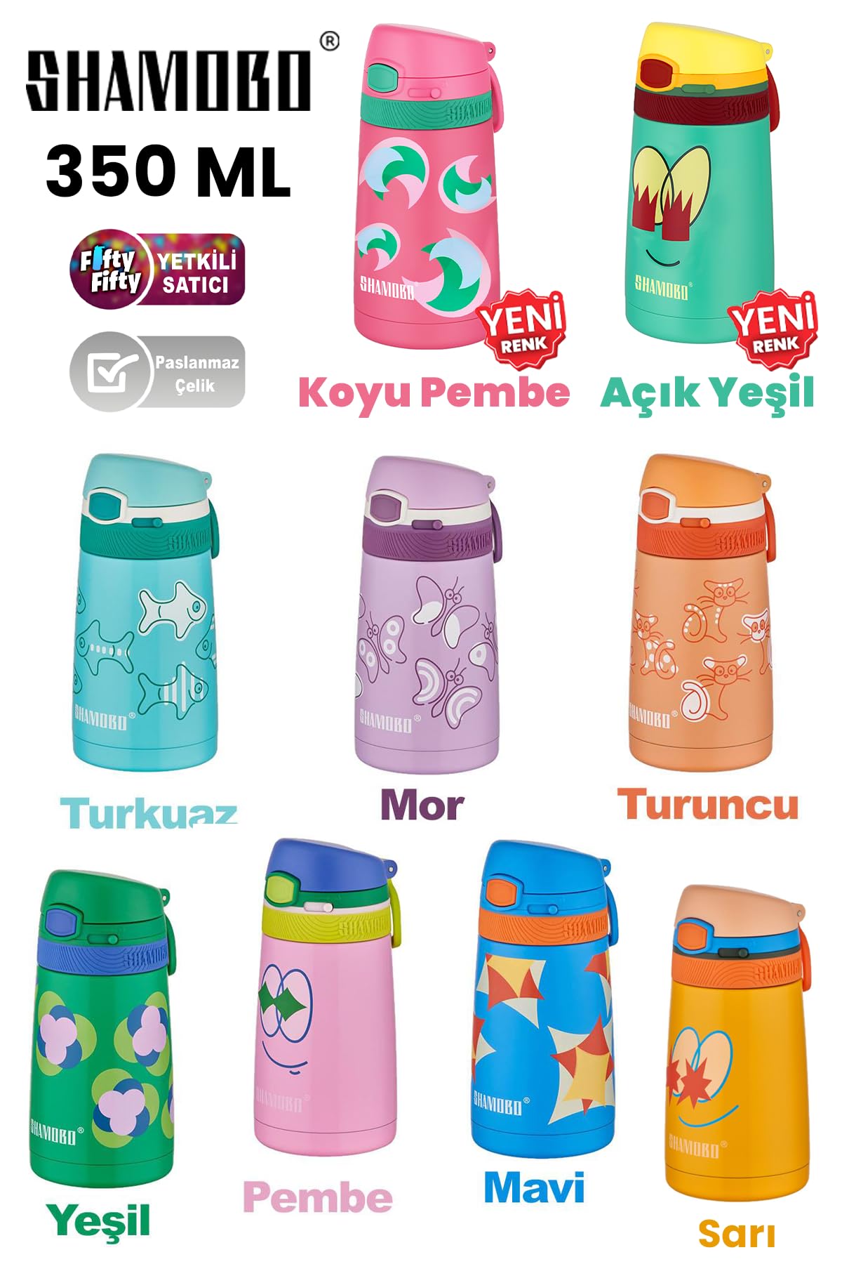 Shamobo FiftyFifty Çocuk 350 Ml Pipetli Paslanmaz Çelik Termos Bpa İçermez 7 Renk (Açık Yeşil)
