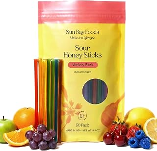 Sunbay Foods Organic Honey Sticks - 100% Pure Raw Clover Honey Straws - Easy to Open Natural Sweetener for Tea, Coffee, Healthy Snacks, Hiking & Gym- Made in the USA with Real Honey (50, Fruit Flavored Honey)