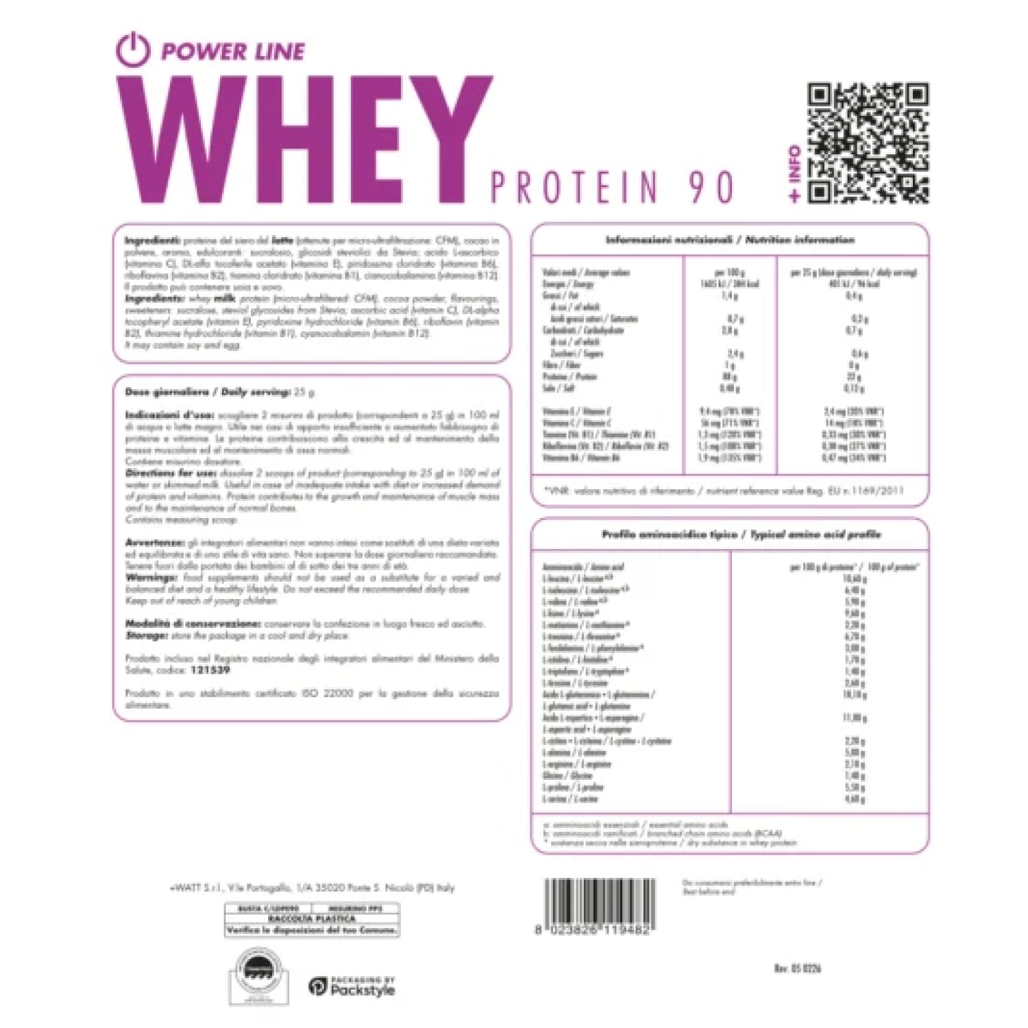 +Watt Whey Protein 90 Proteine du Siero del Latte Gusto Cacao, 750 g