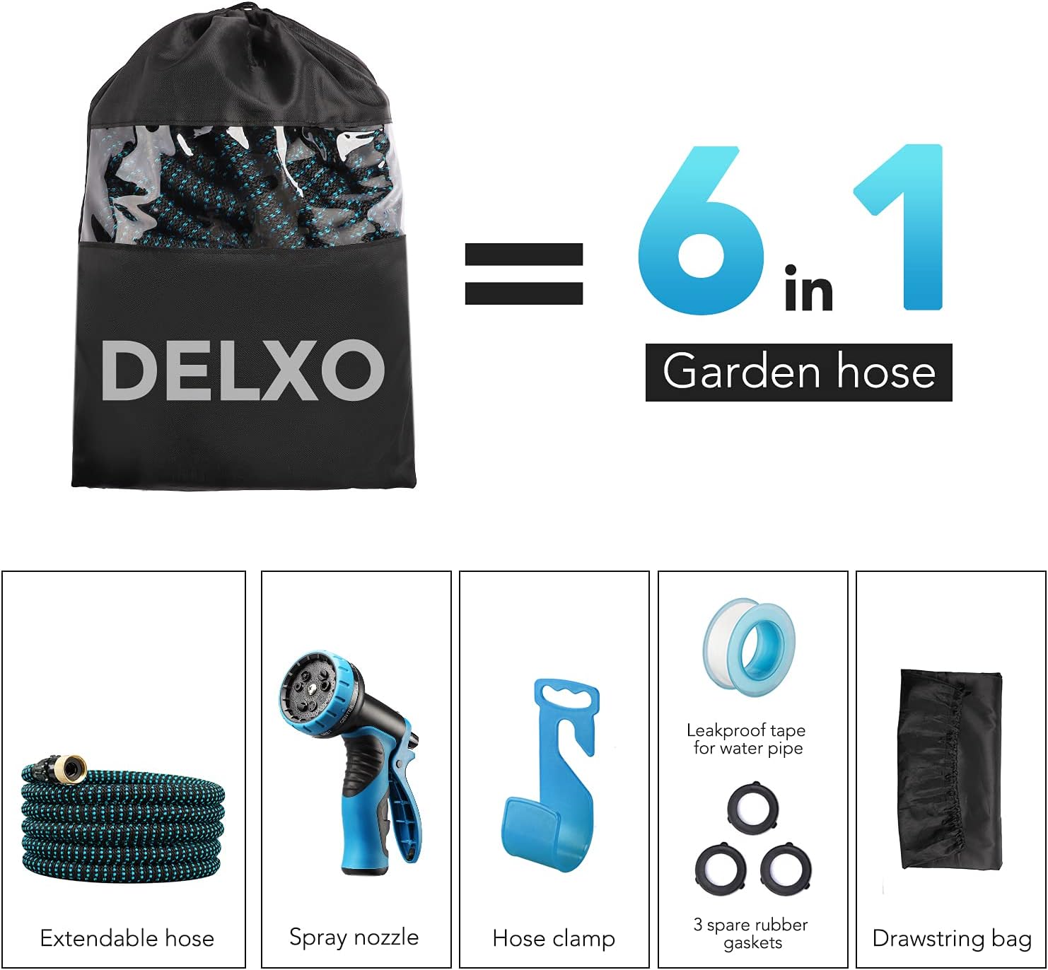 Delxo 25Ft Expandable Garden Hose Kit Include 6, Flexible 9-Function Water Hose with Heavy Duty High-Pressure Spray Nozzle, Leakproof Design 3/4” Solid Brass Fittings Blue