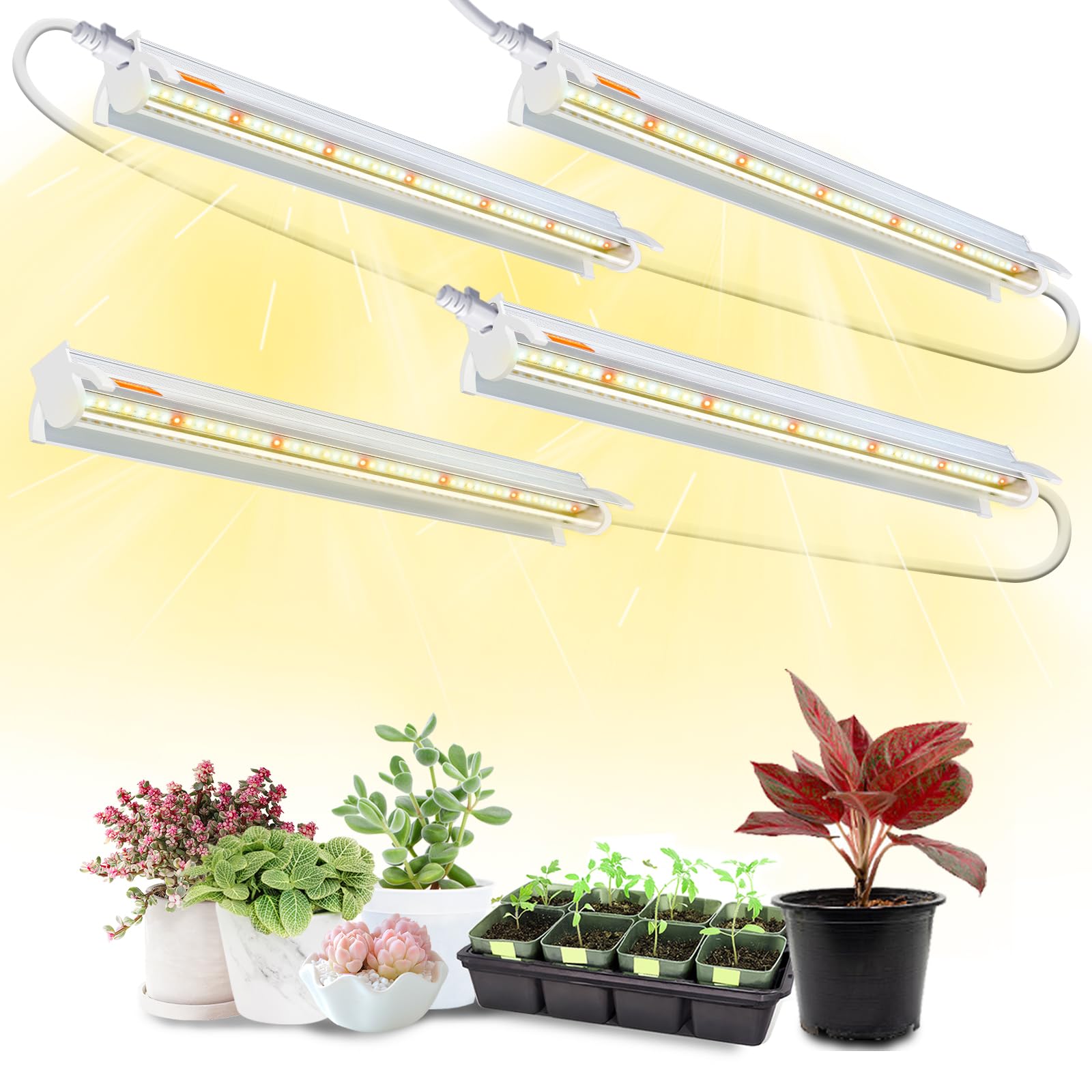 Lampade per Piante T5 da Interno, Confezione da 4Pack (42cm, 10W x 4) Luce LED a Spettro Completo con Riflettori per Piantine, Fascia Luminosa 4000K Bianca per Scaffali e Ripiani