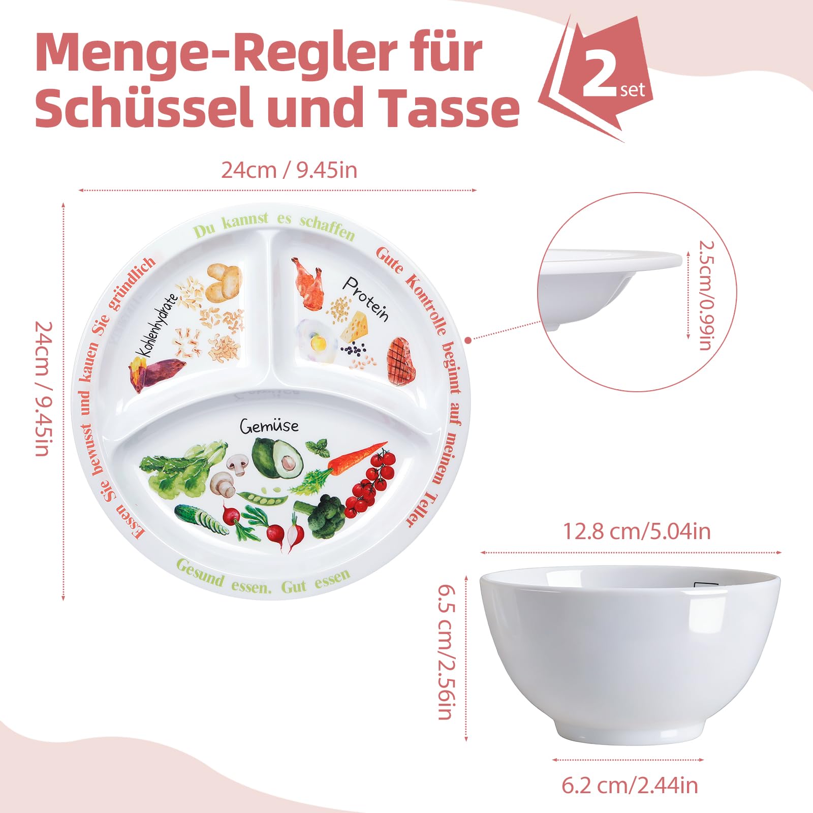 4 Set Portionskontrollteller für ausgewogene Ernährung Teller mit gesunder Ernährung für Erwachsene und Jugendliche Melamin-Unterteilungen, Gewichtsverlust(2 Teller + 2 Schüsseln)