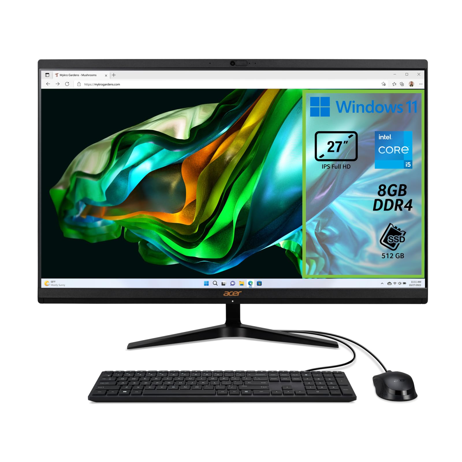 acer Aspire C27-1800 Computer Fisso All in One, Pc Desktop, Processore Intel Core i5-12450H, Ram 8 GB DDR4, 512 GB SSD, Display 27" IPS FHD LED LCD, Intel UHD, Wifi, Webcam, Windows 11 Home