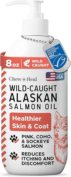 Pure Wild Alaskan Salmon Oil for Dogs - 8 oz. Pump Cap - Toxin Free Dog Fish Oil Rich in Omega-3 and 6, Vitamin D, EPA, and DHA for Healthy Skin and Coat - Pink, COHO, and Sockeye Salmon