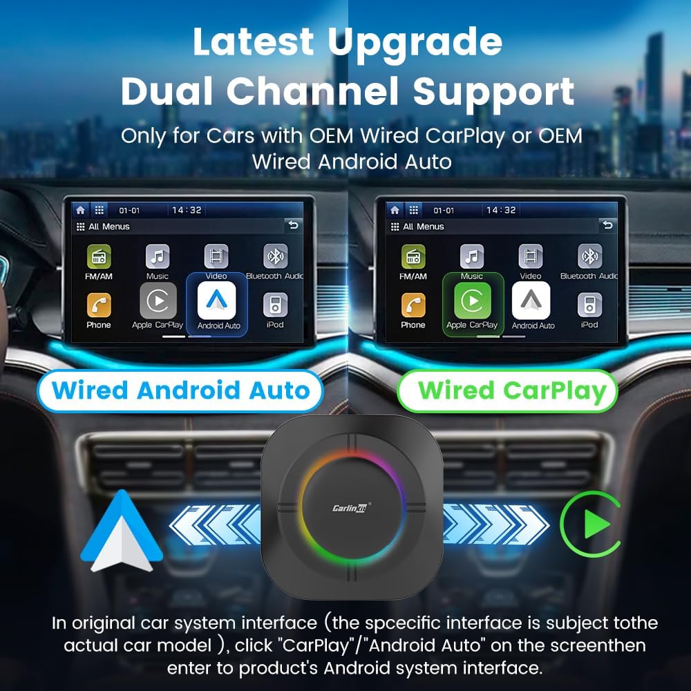 Image showing the CarlinKit AI Box with green light for CarPlay and blue light for Android Auto, illustrating the dual-channel switching feature.