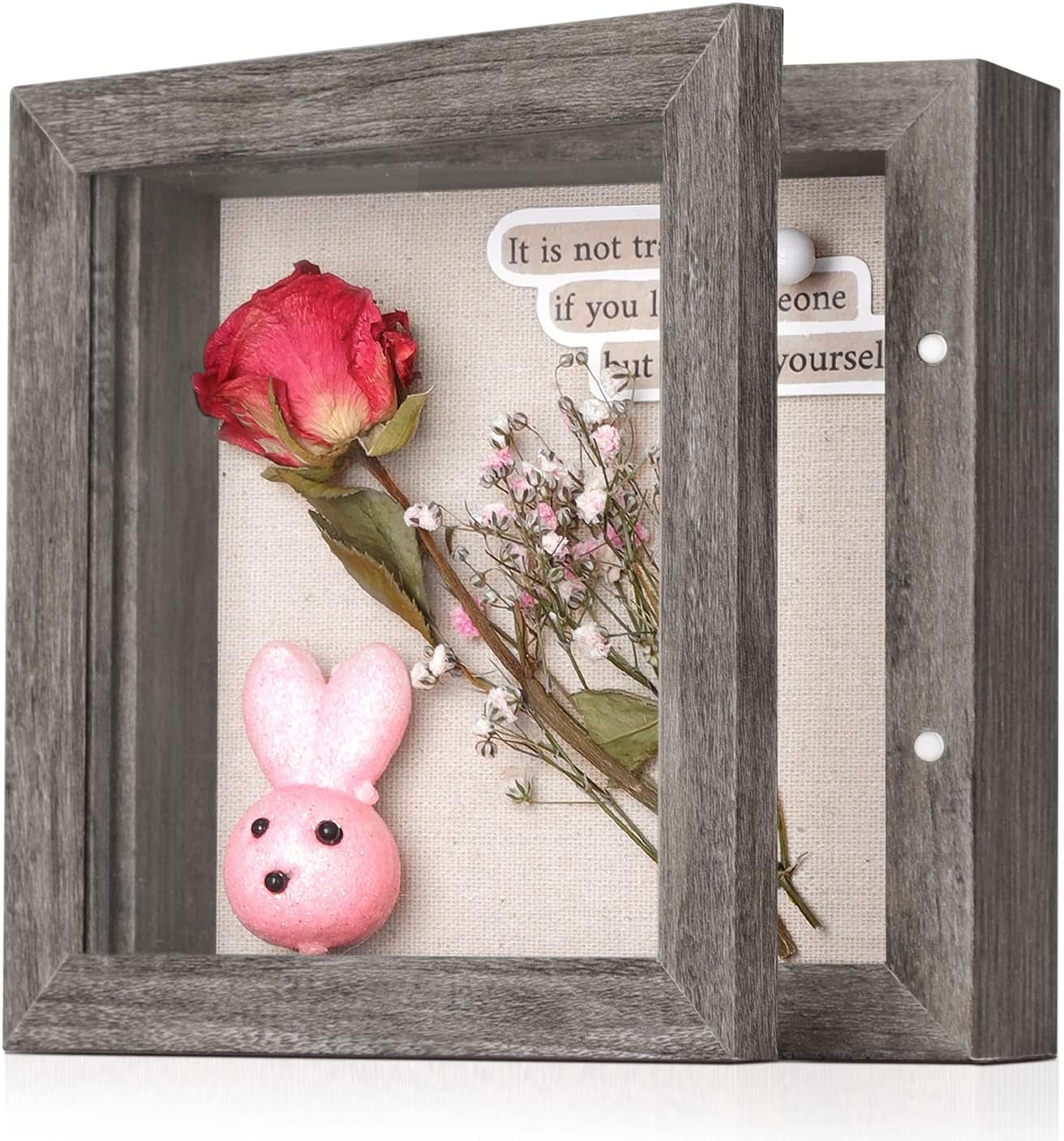 Califortree 5x5 Small Shadow Box Frame with Linen Back - Sturdy Rustic Memory Display Case of Flower, Pictures, Medals and More, Rustic Gray